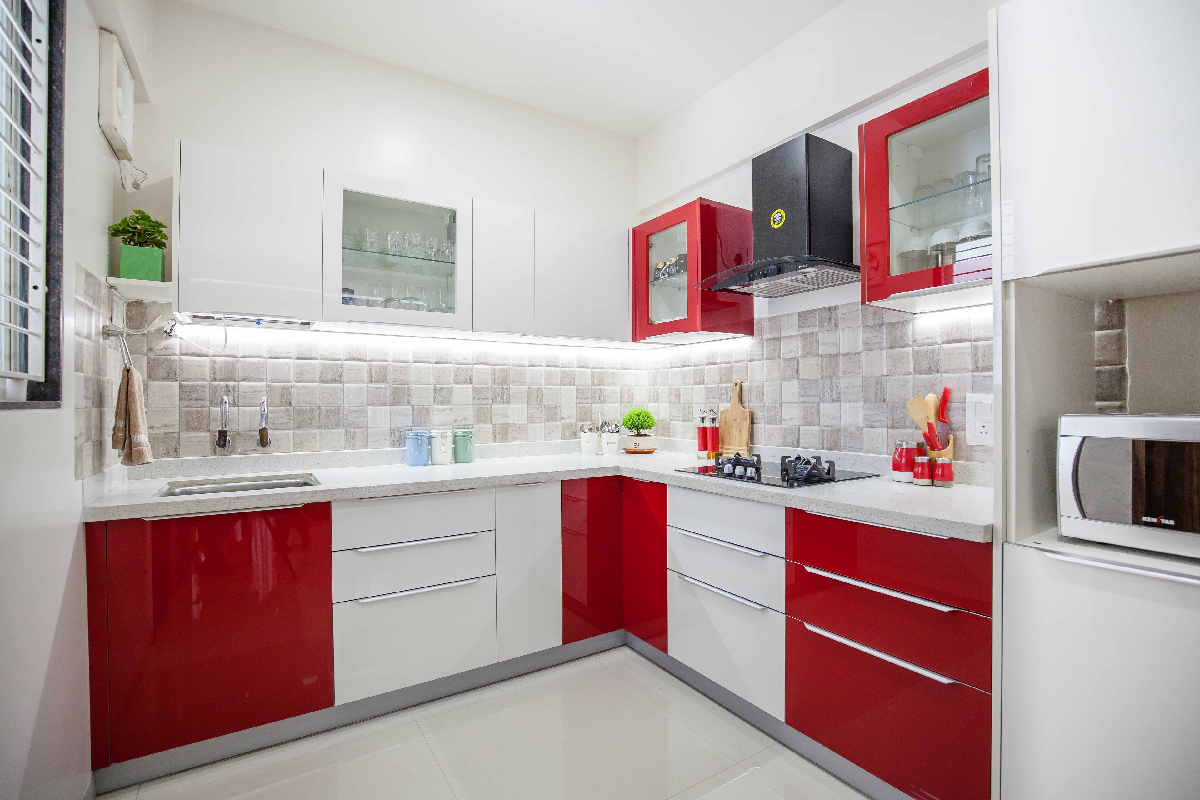 Minimal L Shaped Modular Kitchen Design With Carnival And Frosty White Cabinets