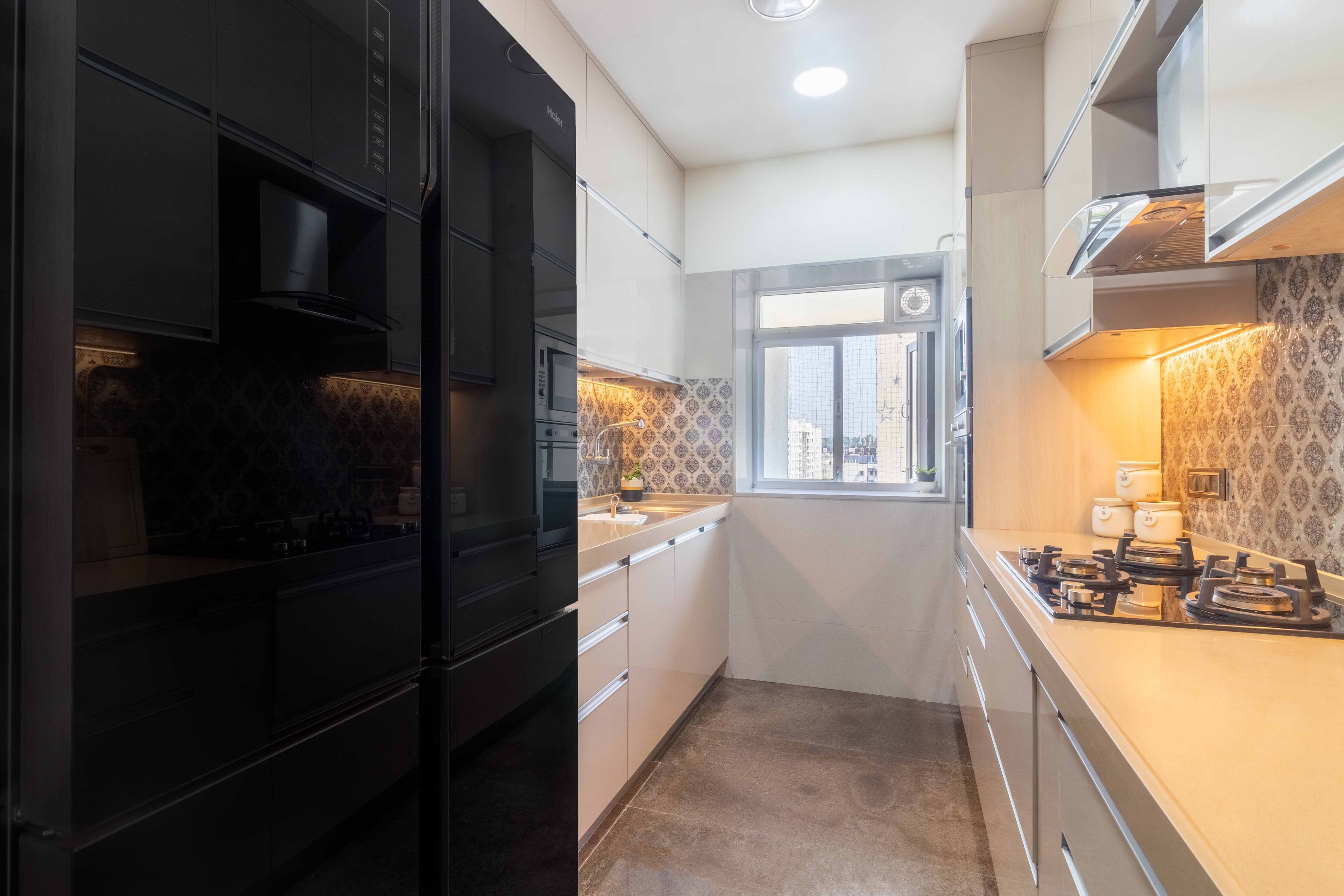 Light Beige Modular Kitchen Design With High Gloss Laminates - Livspace