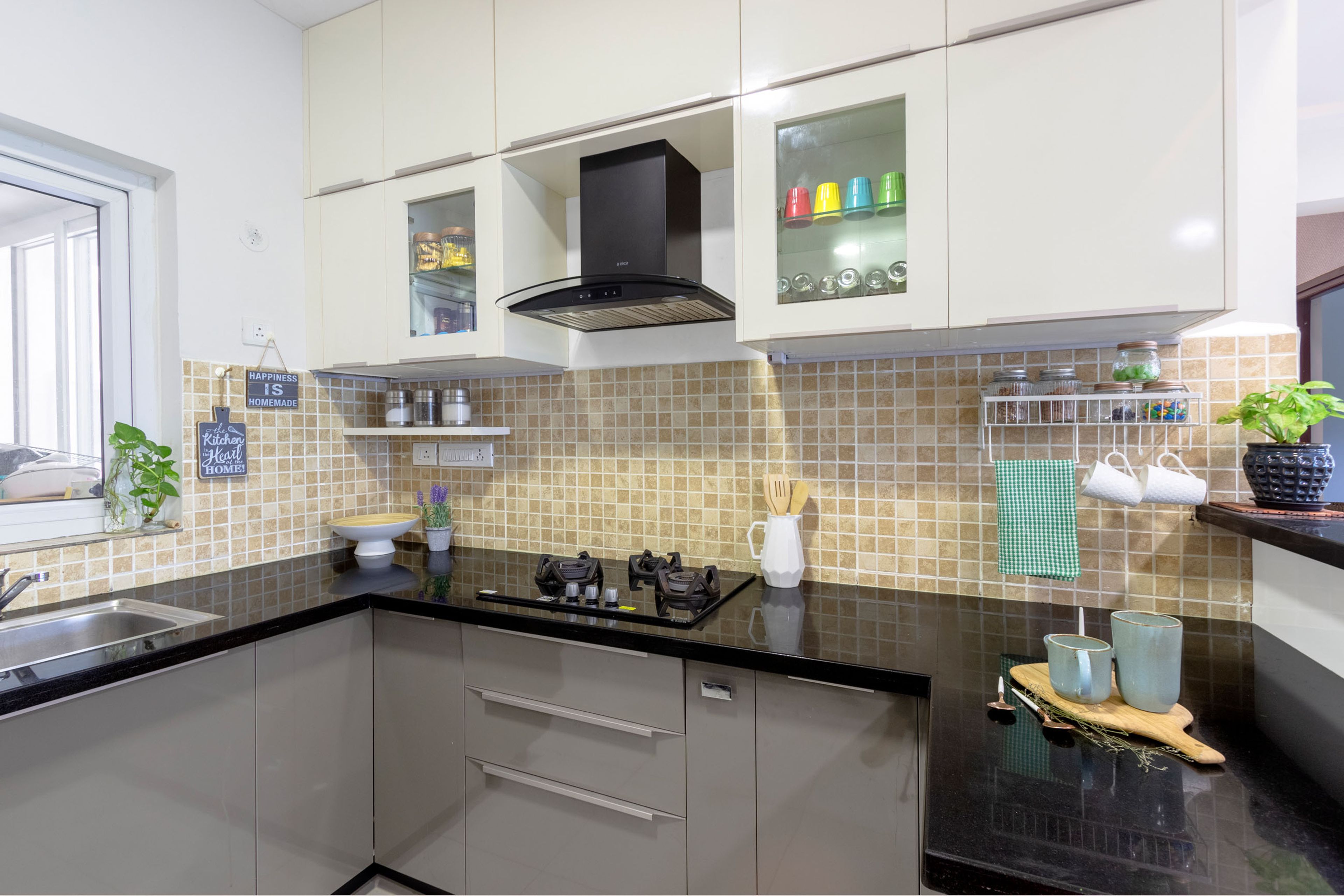 Modern Dove Grey And Champagne Toned Modular Kitchen Design