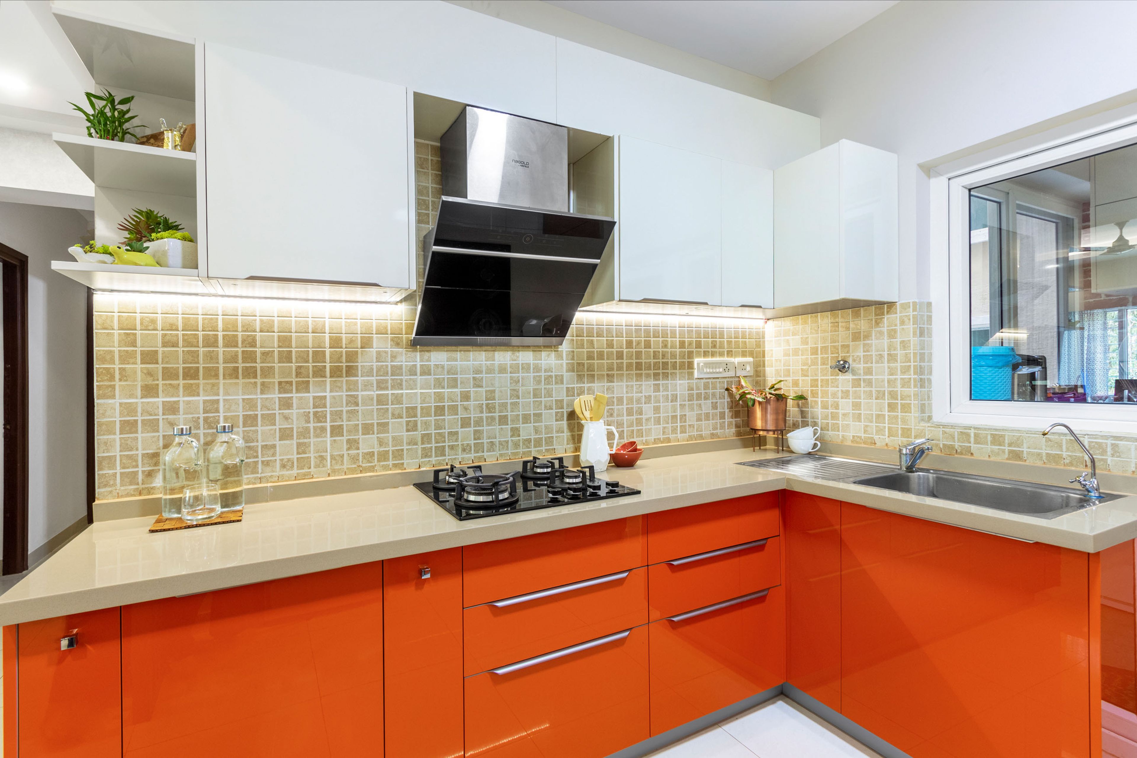 Modern Modular Indian Kitchen Design In Orange And White
