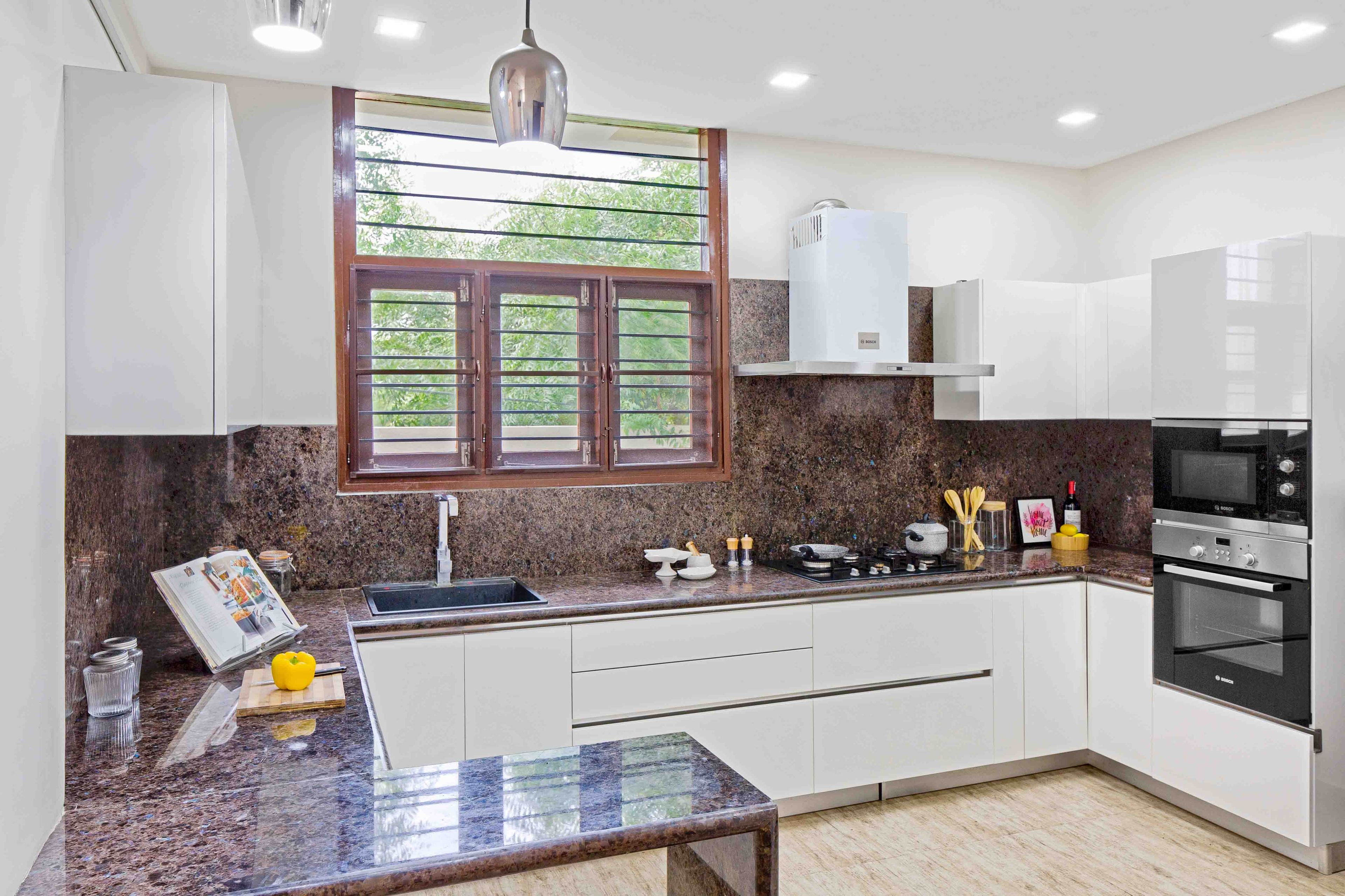 Modular Classic Frosty White Indian Kitchen Design With Granite Countertop