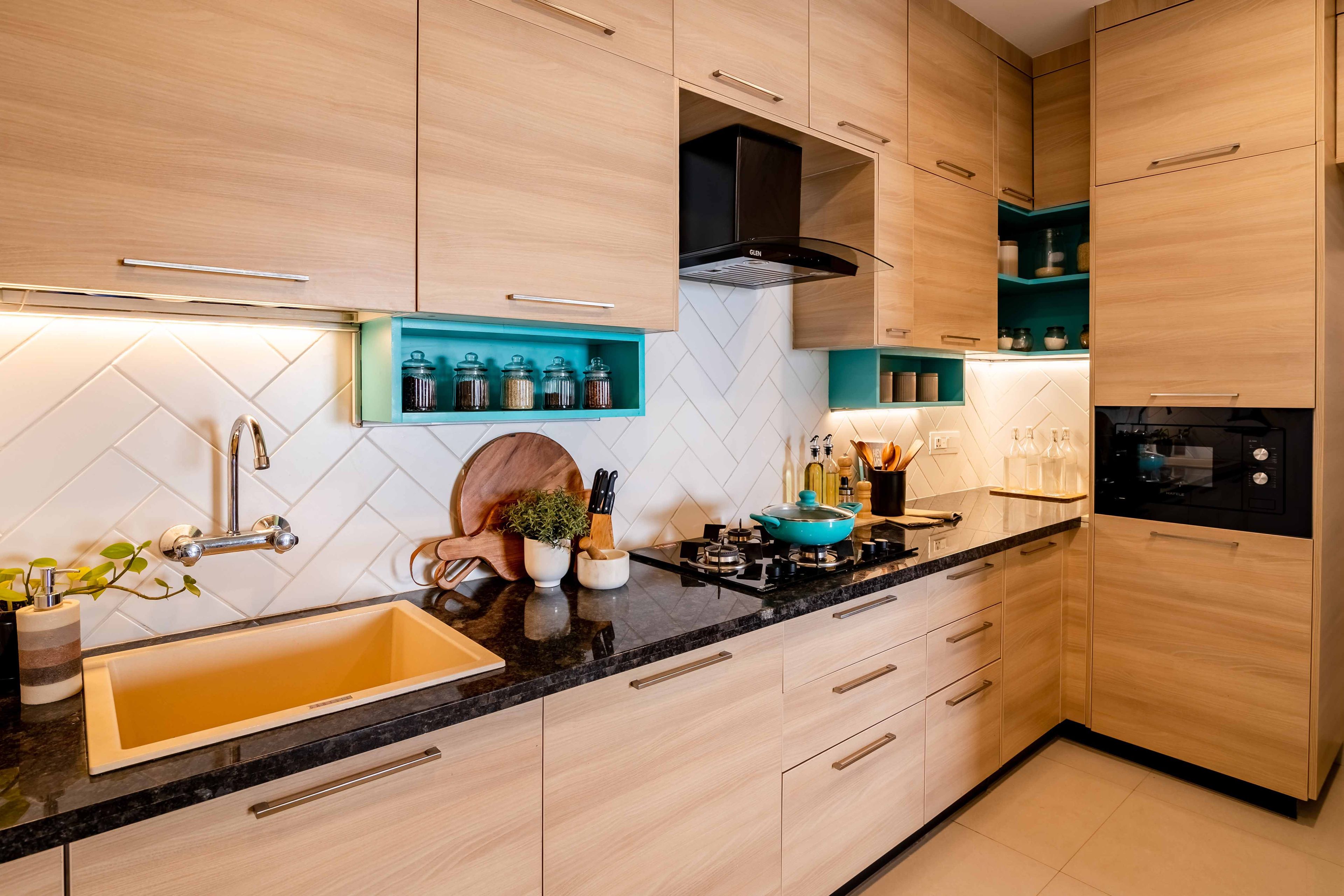 Modular L Shaped Kitchen Design With Persian Walnut Cabinets - Livspace