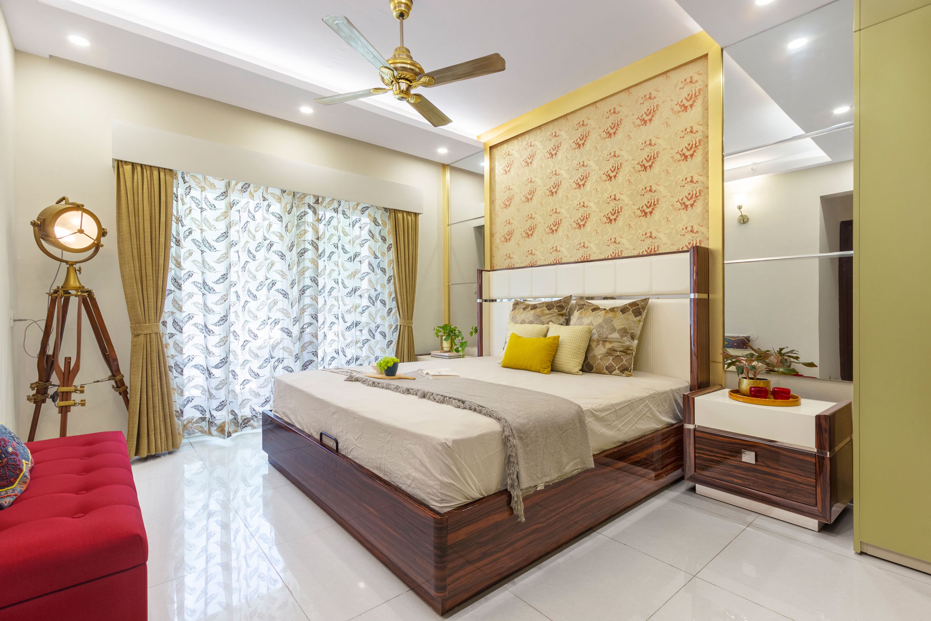 Classic Master Bedroom Design With Queen-Sized Bed And Red Seater