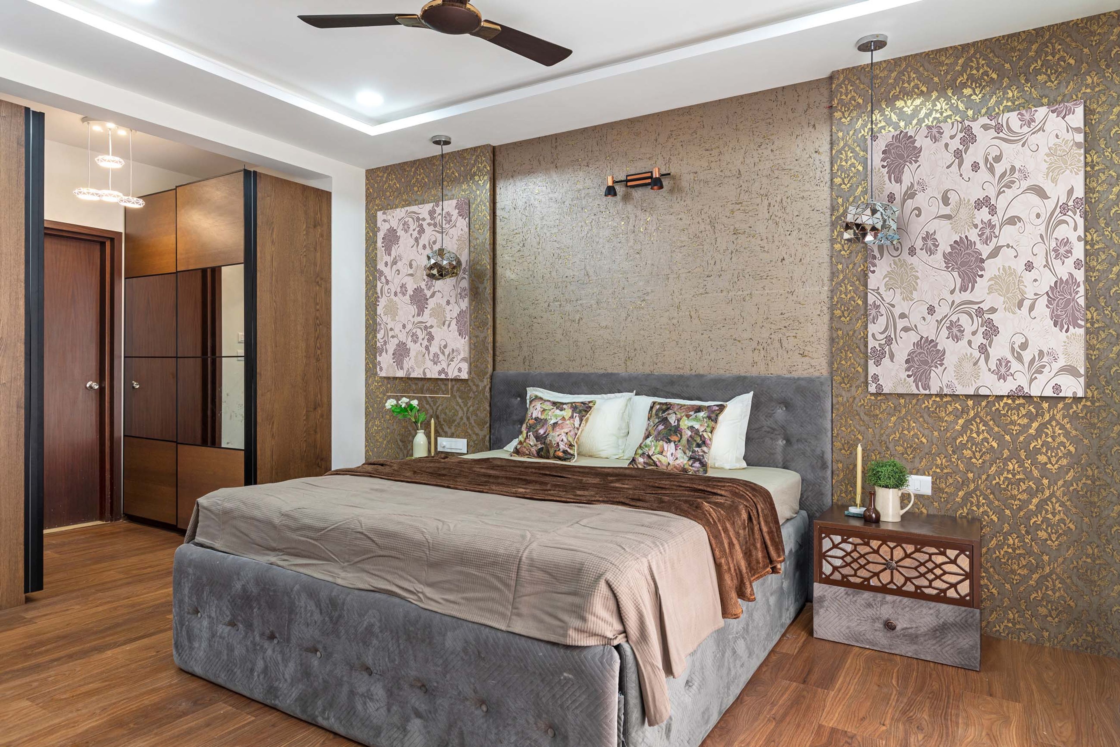 Modern Master Bedroom Design With Grey And Gold Damask Wallpaper