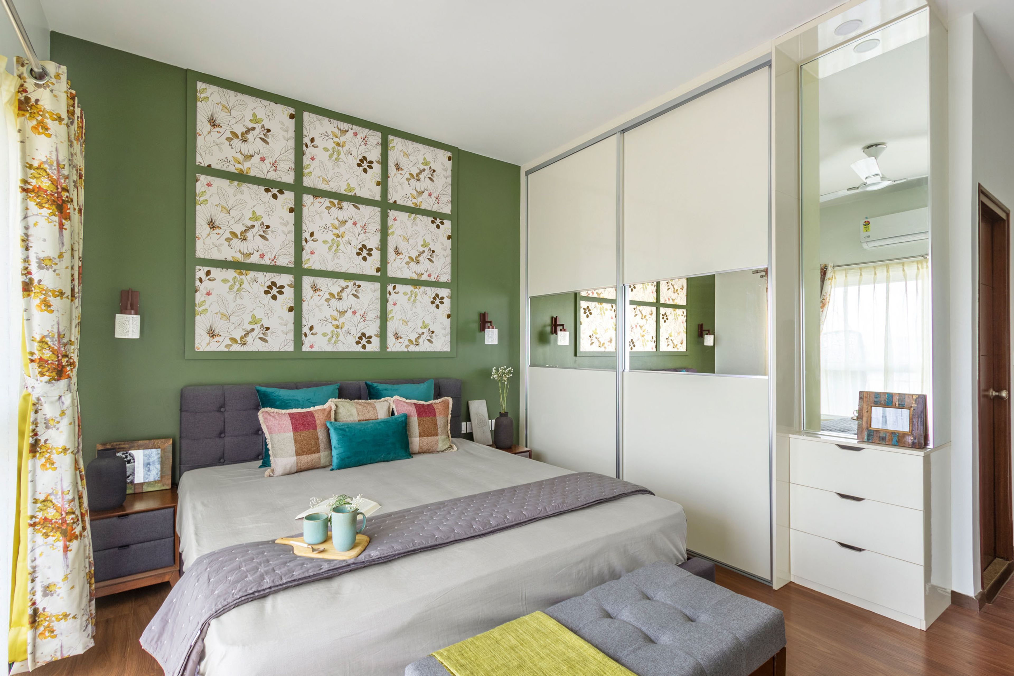 Classic Bedroom Design With Bright Green Accent Wall And Floral Wallpaper