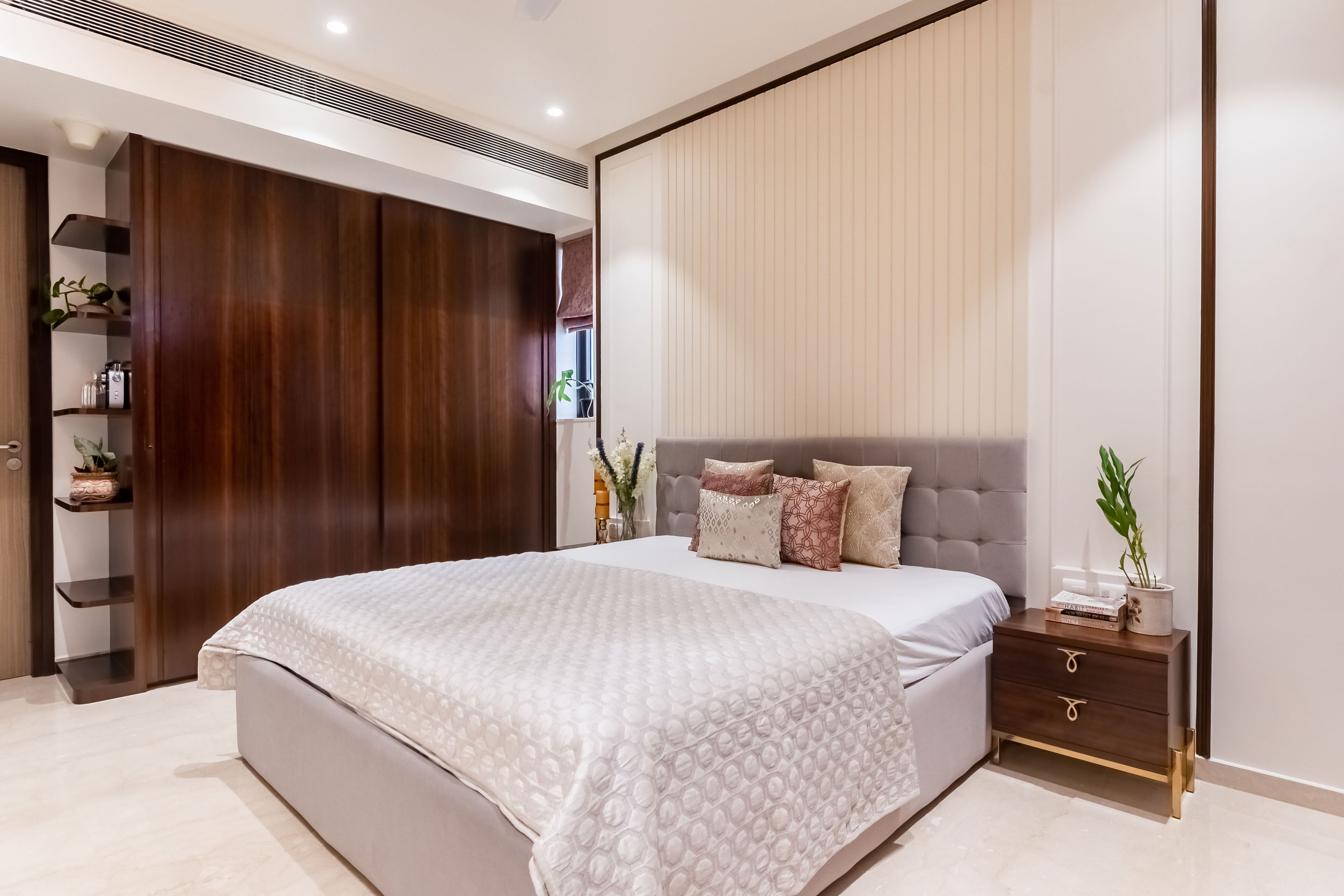 Modern Master Bedroom Design With Beige Fluted Wall Panels