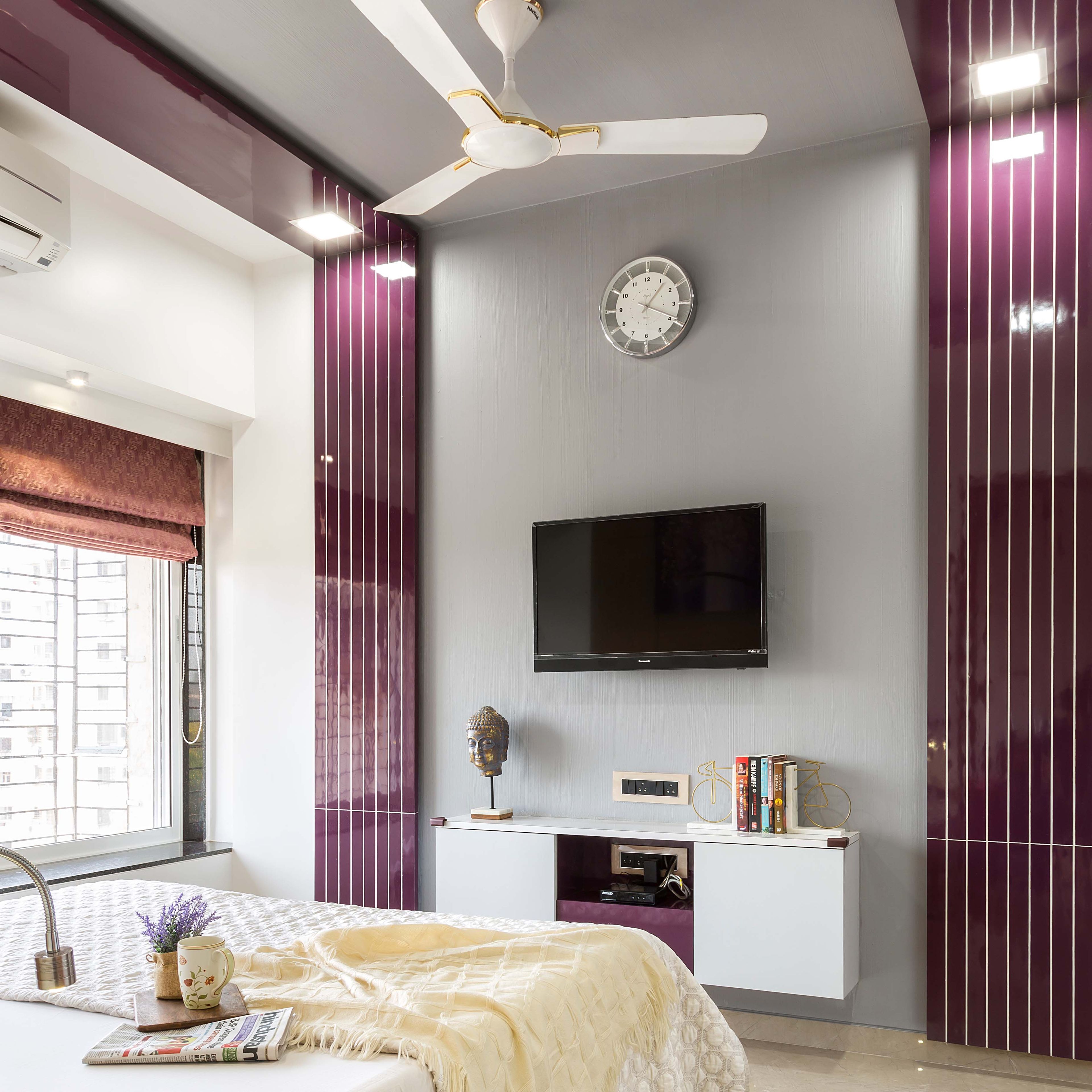 Master Bedroom Design With Purple Floor-To-Ceiling Wall Panelling