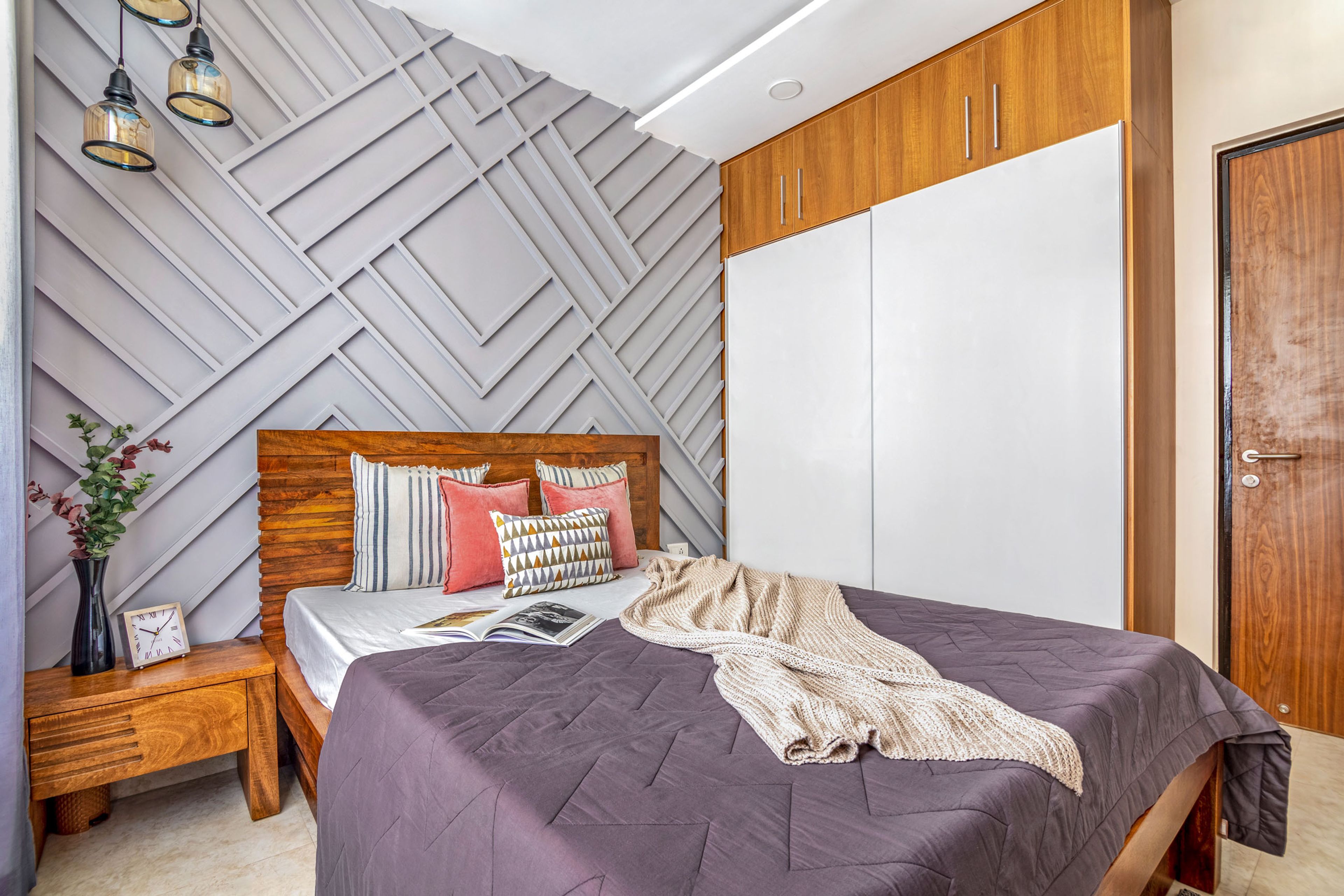 Industrial Master Bedroom Design With Grey Accent Wall