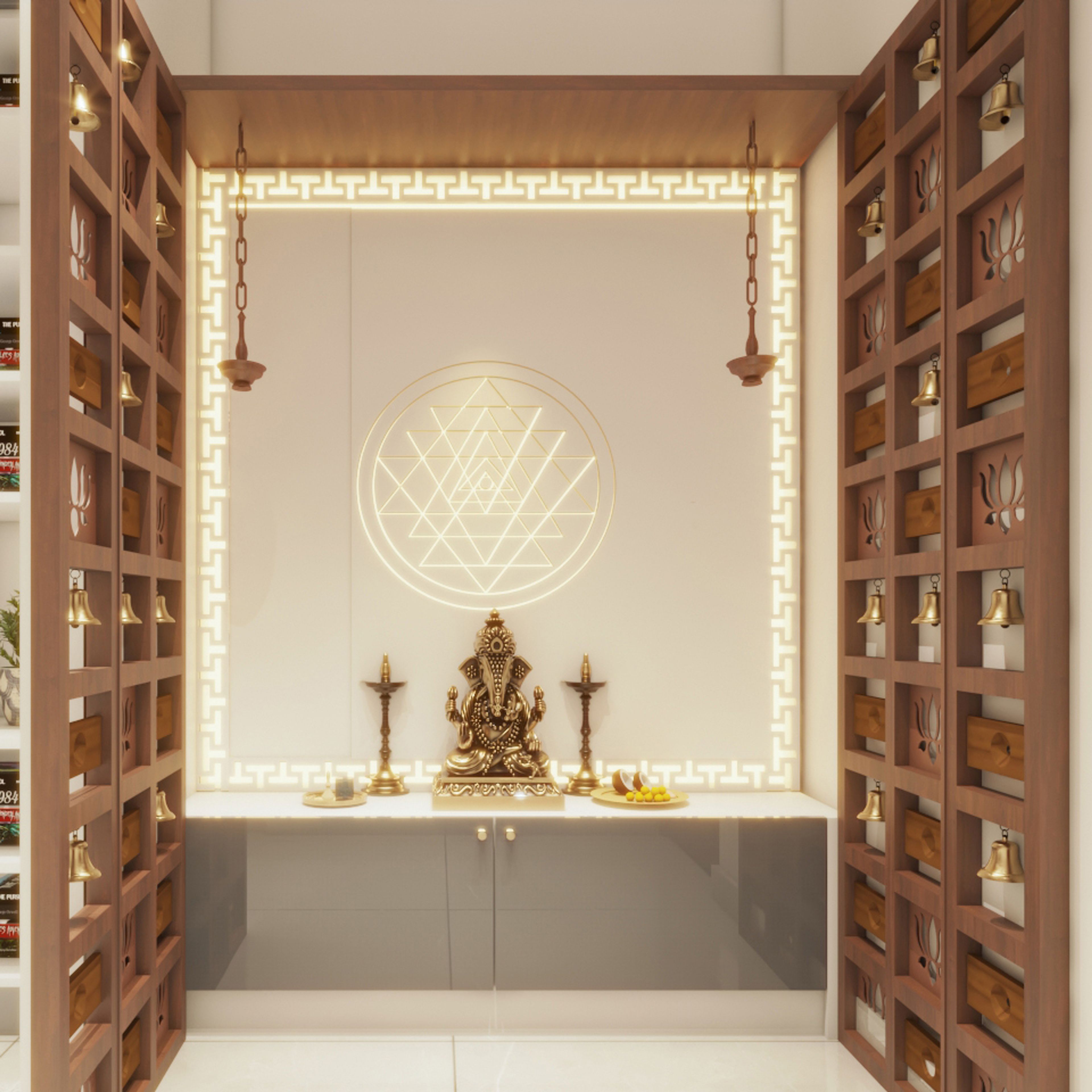 Contemporary Gothic Grey Floor-Mounted Mandir Design With CNC Partition