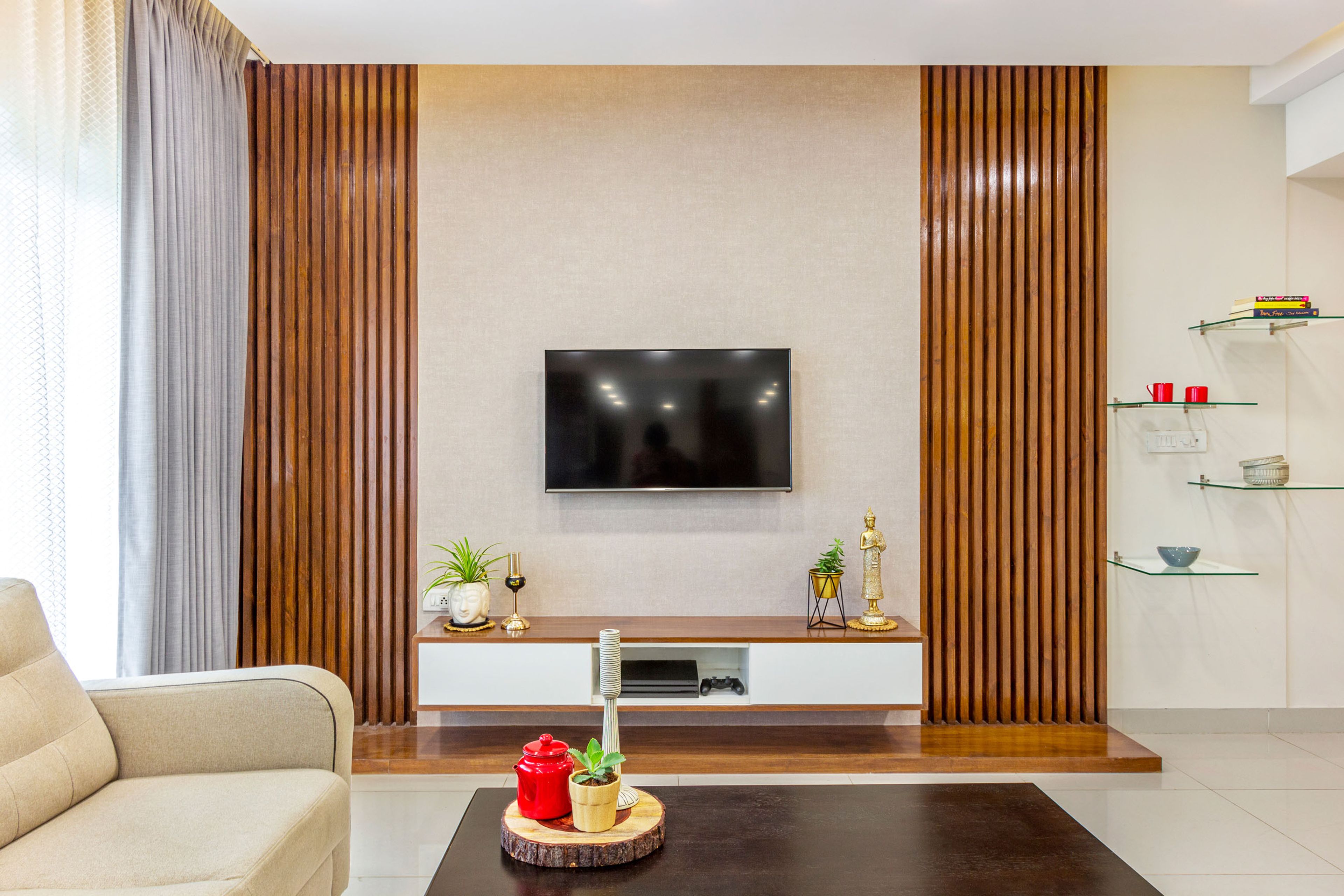 Modern White And Wood TV Unit Design With High-Gloss Finish