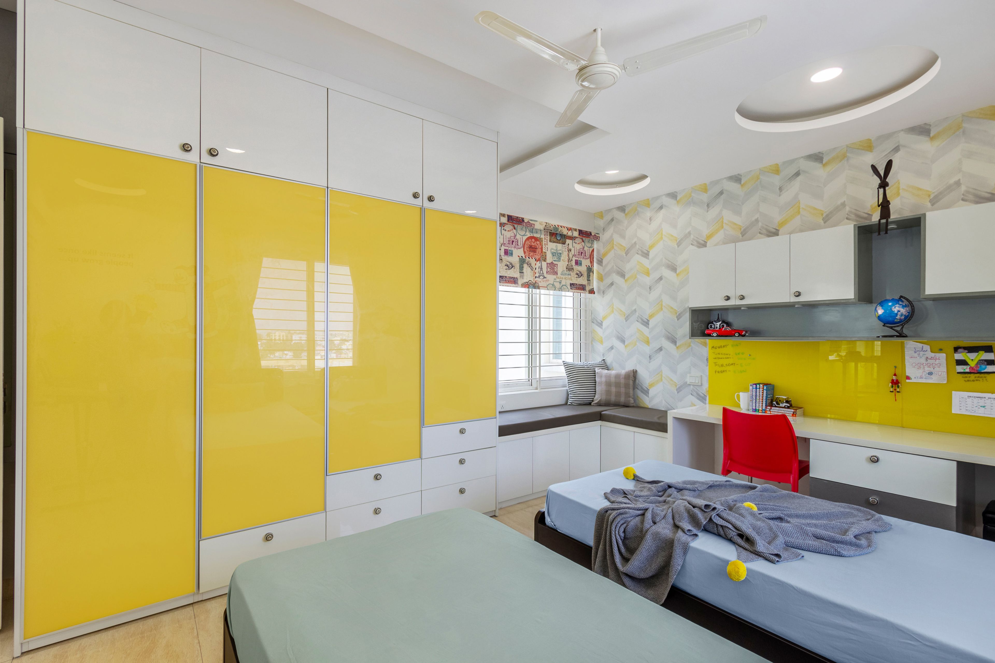 Modern White And Yellow 4-Door Swing Wardrobe Design
