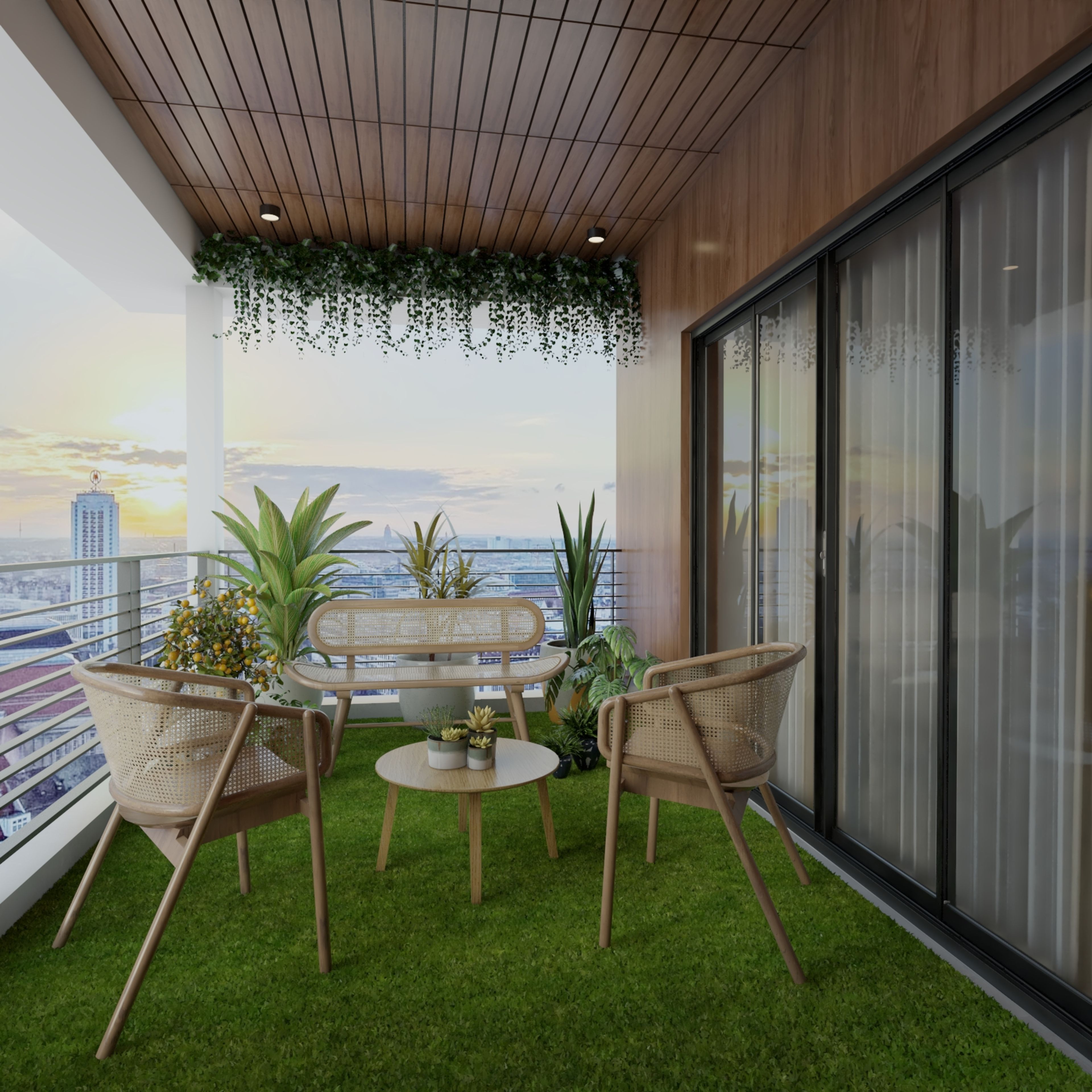 Tropical Balcony Design With Wooden False Ceiling