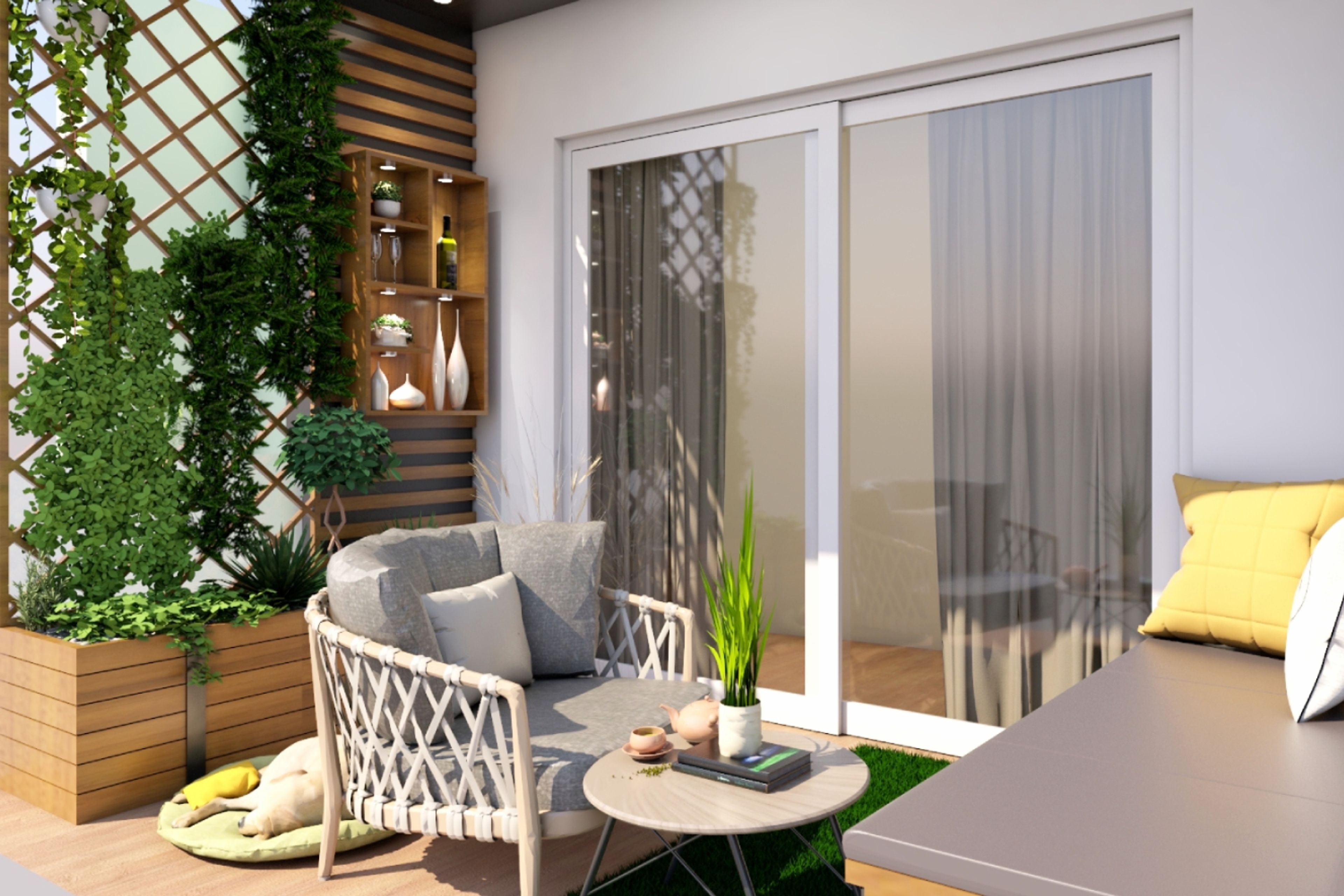 Tropical Balcony Design With Wooden Wall Design And Cane Accent Chair