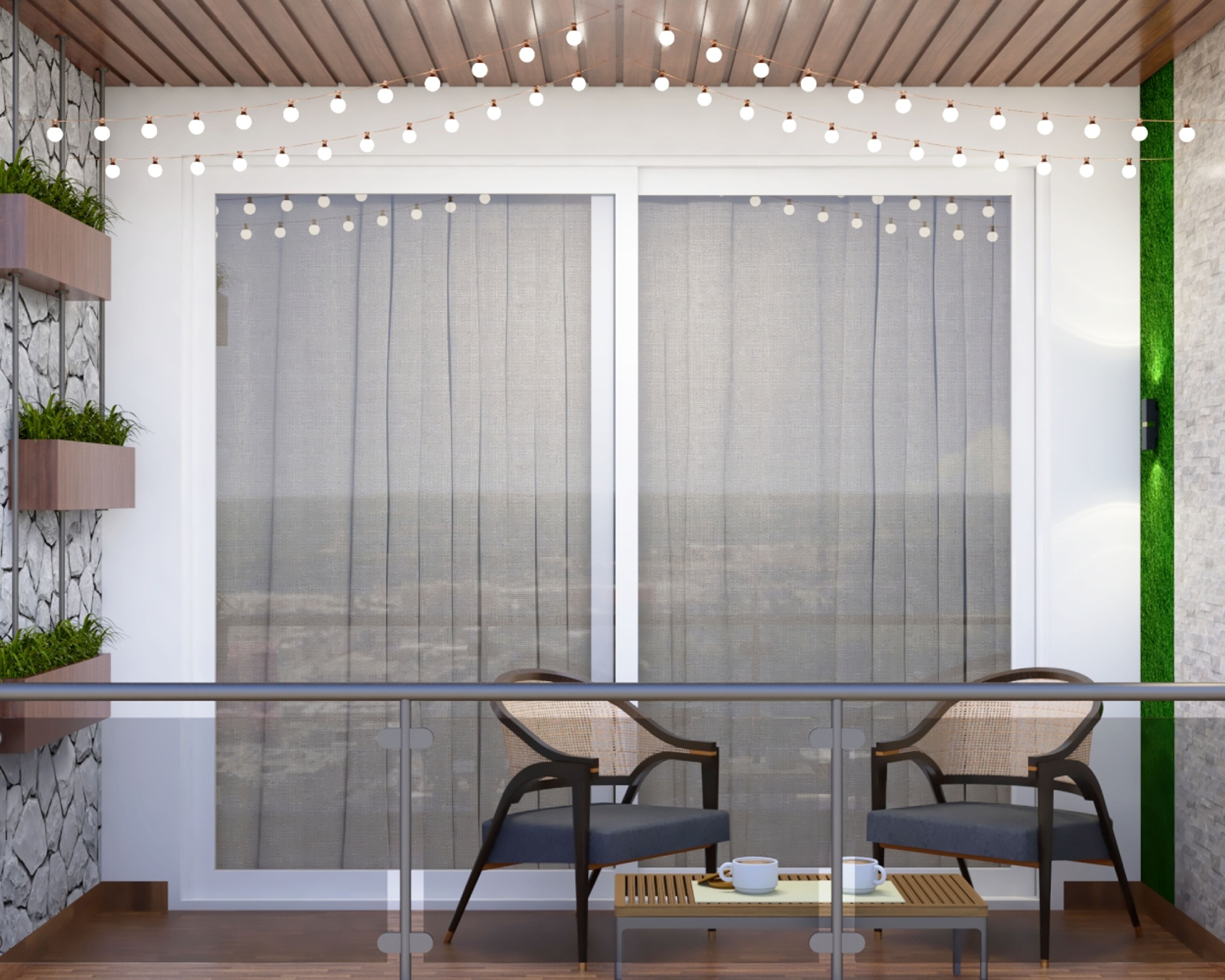 Tropical Balcony Design With Turf Grass And Stone Wallpaper