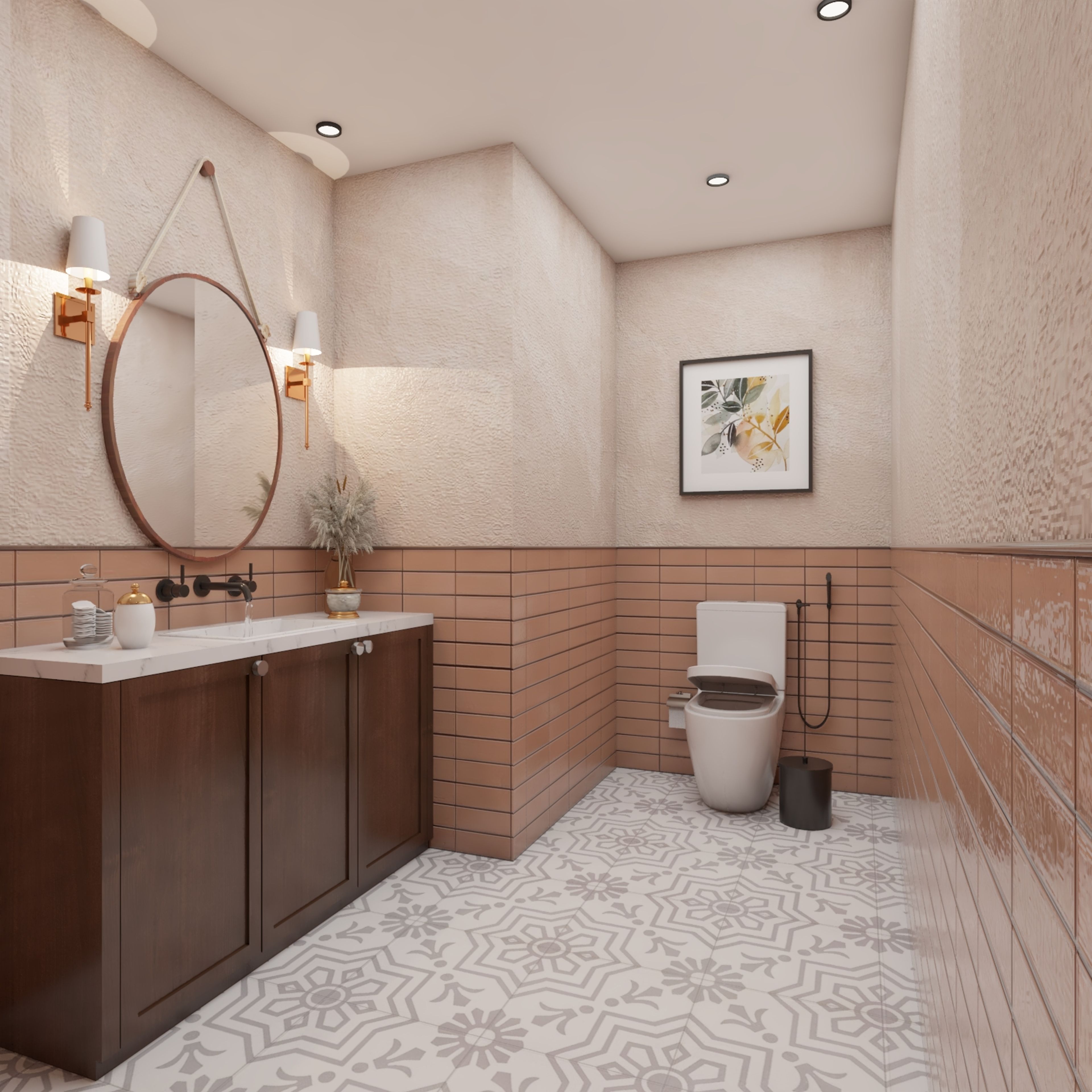 Mid-Century Modern Bathroom Design With Floor-Mounted Brown Unit