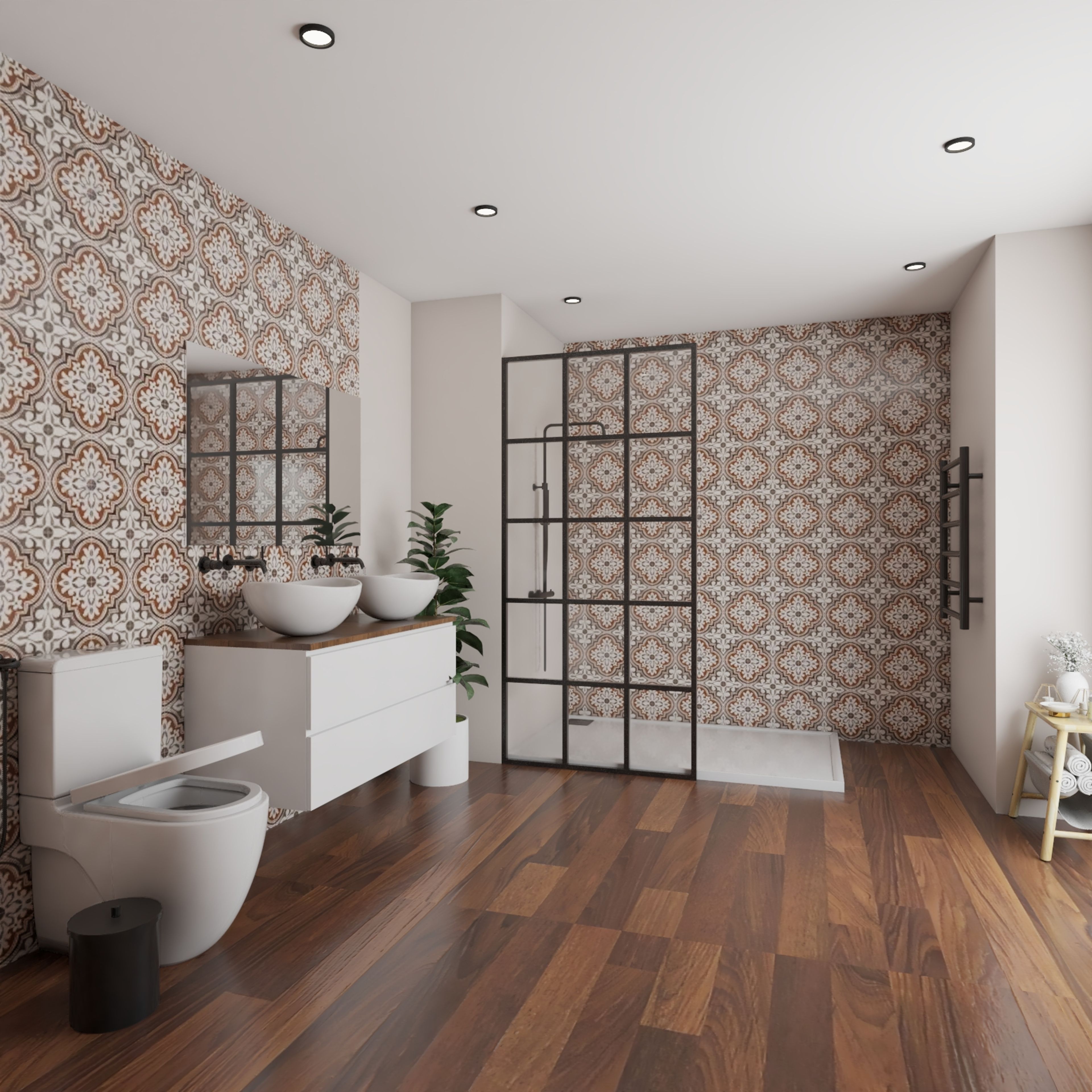 Eclectic Bathroom Design With Multioloured Tiles And Glass Partition
