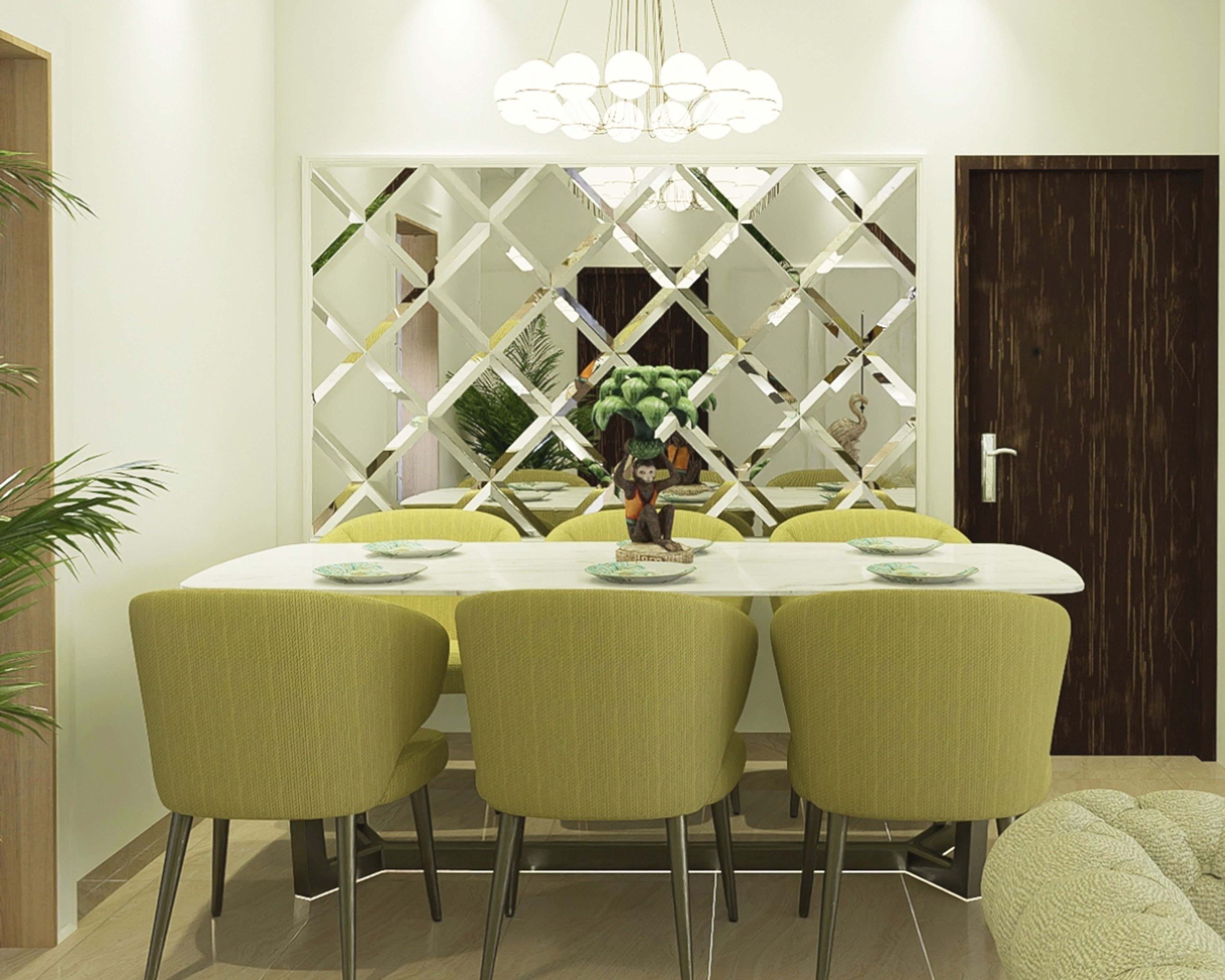 Contemporary White And Green 6-Seater Dining Room Design With Panelled Mirror Wall
