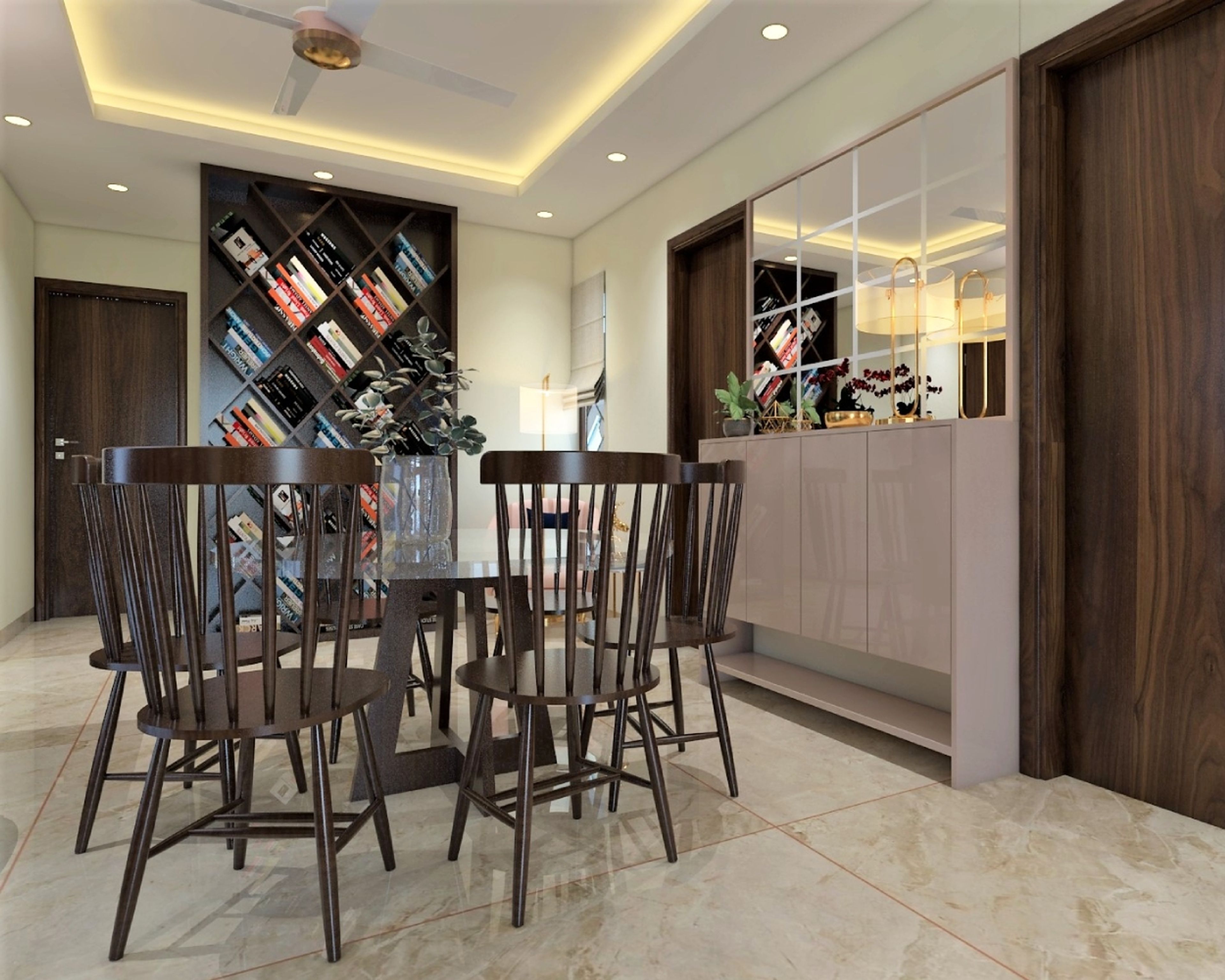 Mid-Century Modern Dining Room Design With Wooden Bookshelf