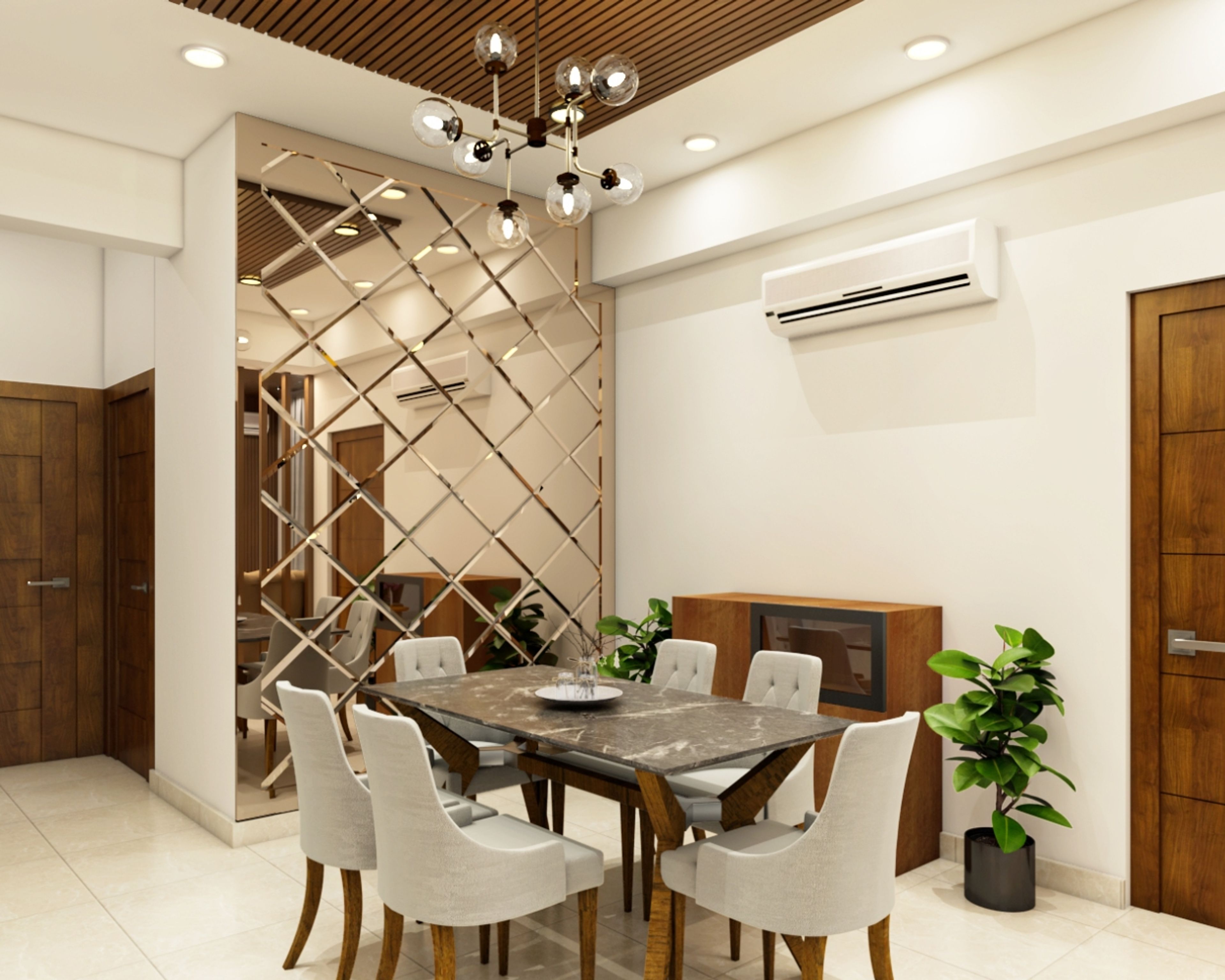 Contemporary Dining Room Design With 6-Seater White And Grey Table
