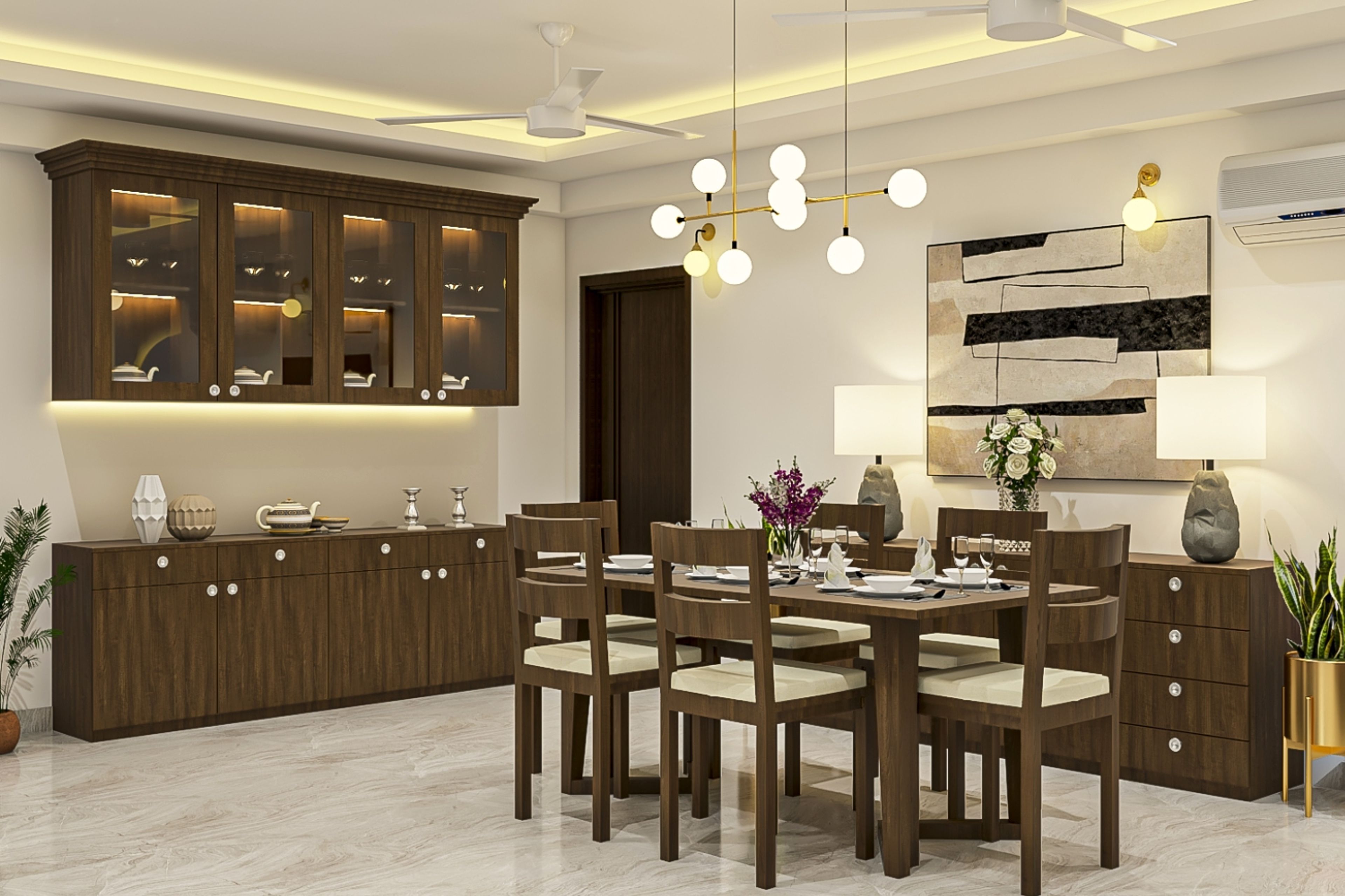 Traditional All-Wood 6-Seater Dining Room Design With Storage Units