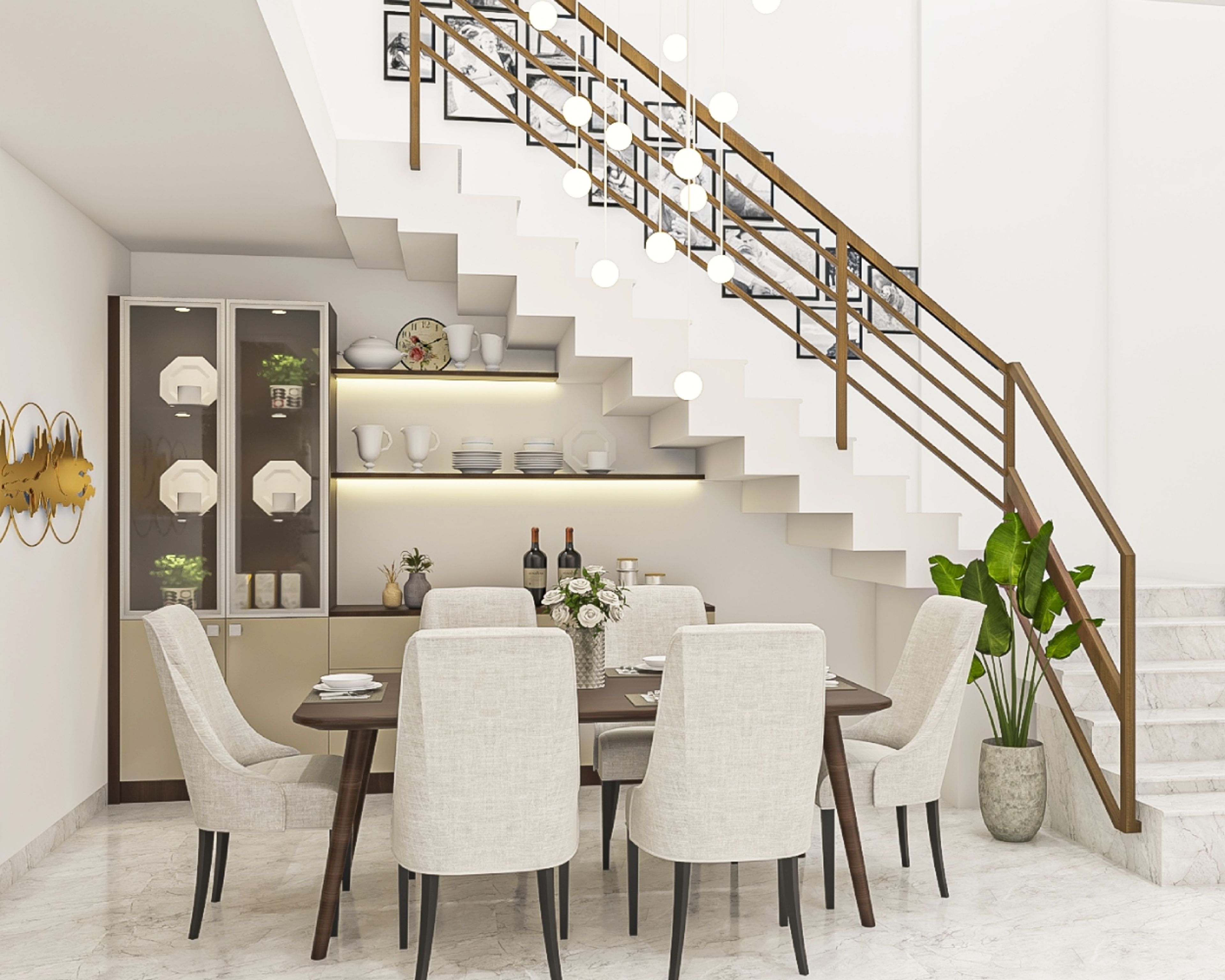 Modern Dining Room Design With Beige And Wood Crockery Unit