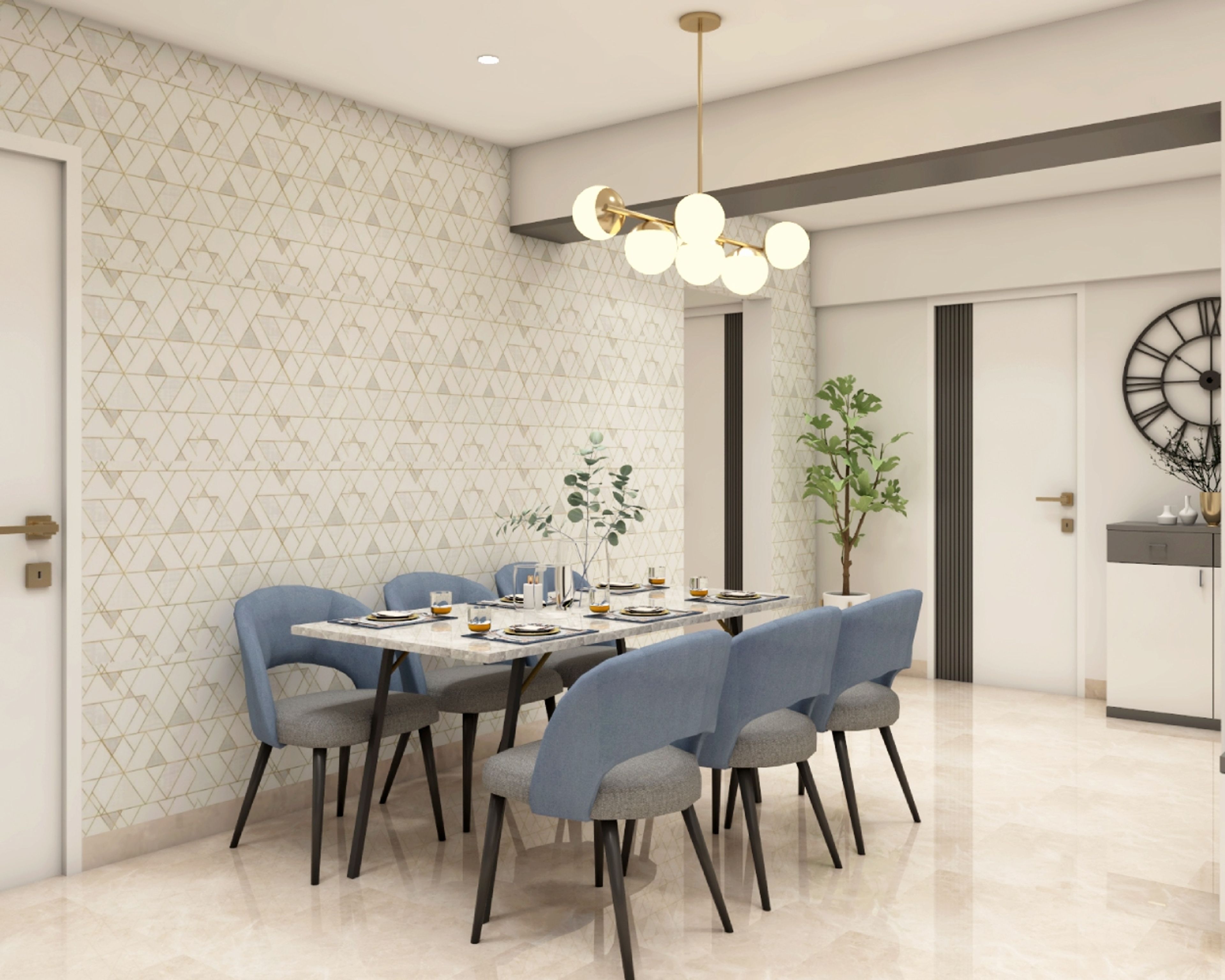 Contemporary 6-Seater Dining Room Design With Geometric Patterned Wallpaper