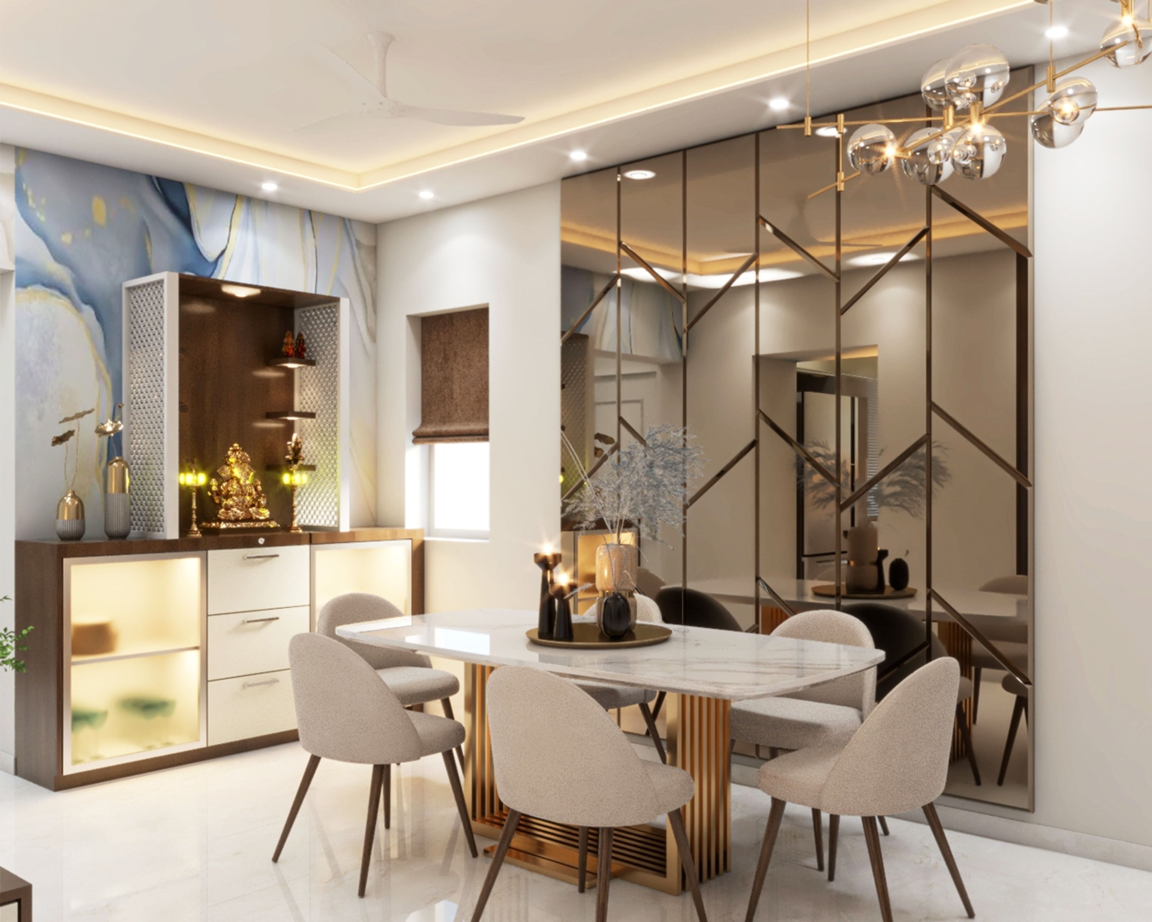 Contemporary 6-Seater Dining Room Design With Integrated Mandir Unit