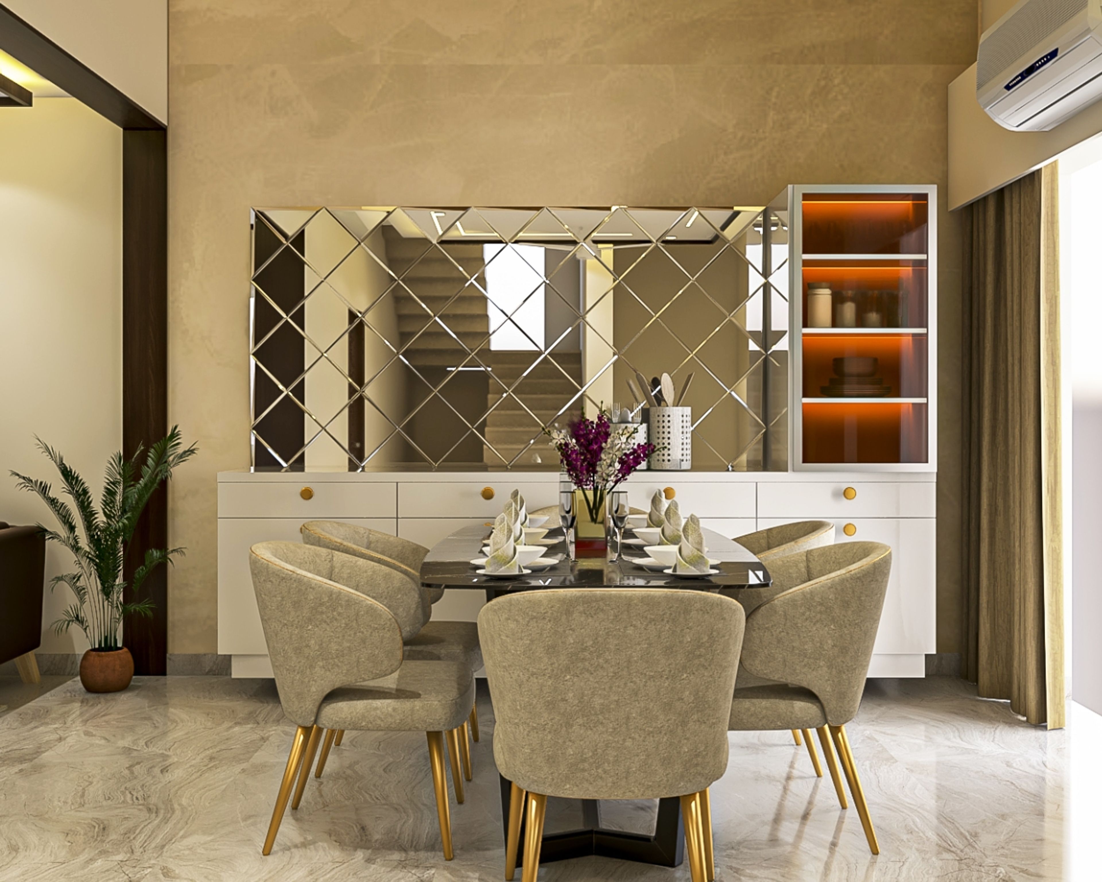 Contemporary Dining Room Design With White Crockery Unit