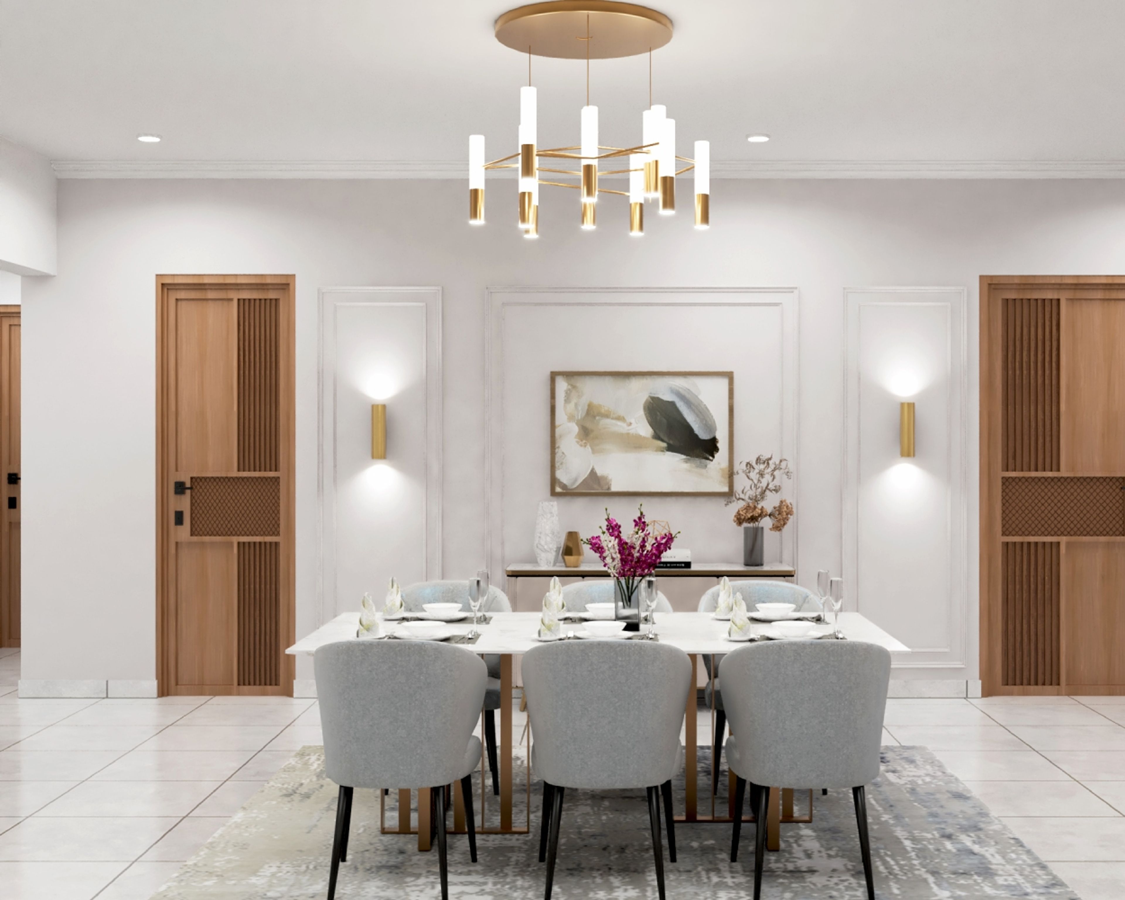 Contemporary Grey And White 6-Seater Dining Room Design With Chandelier