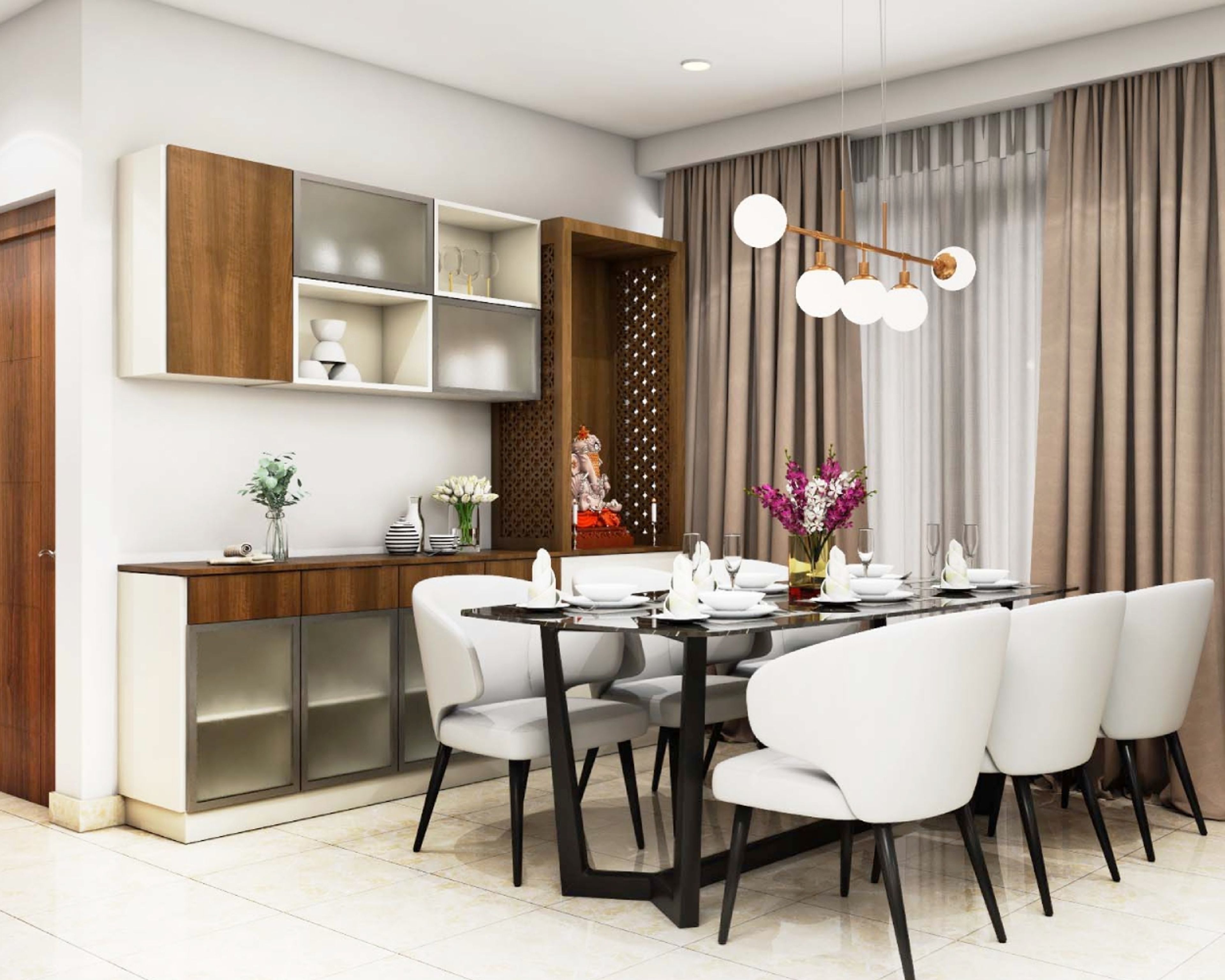 Contemporary White And Black Dining Room Design With Storage Unit