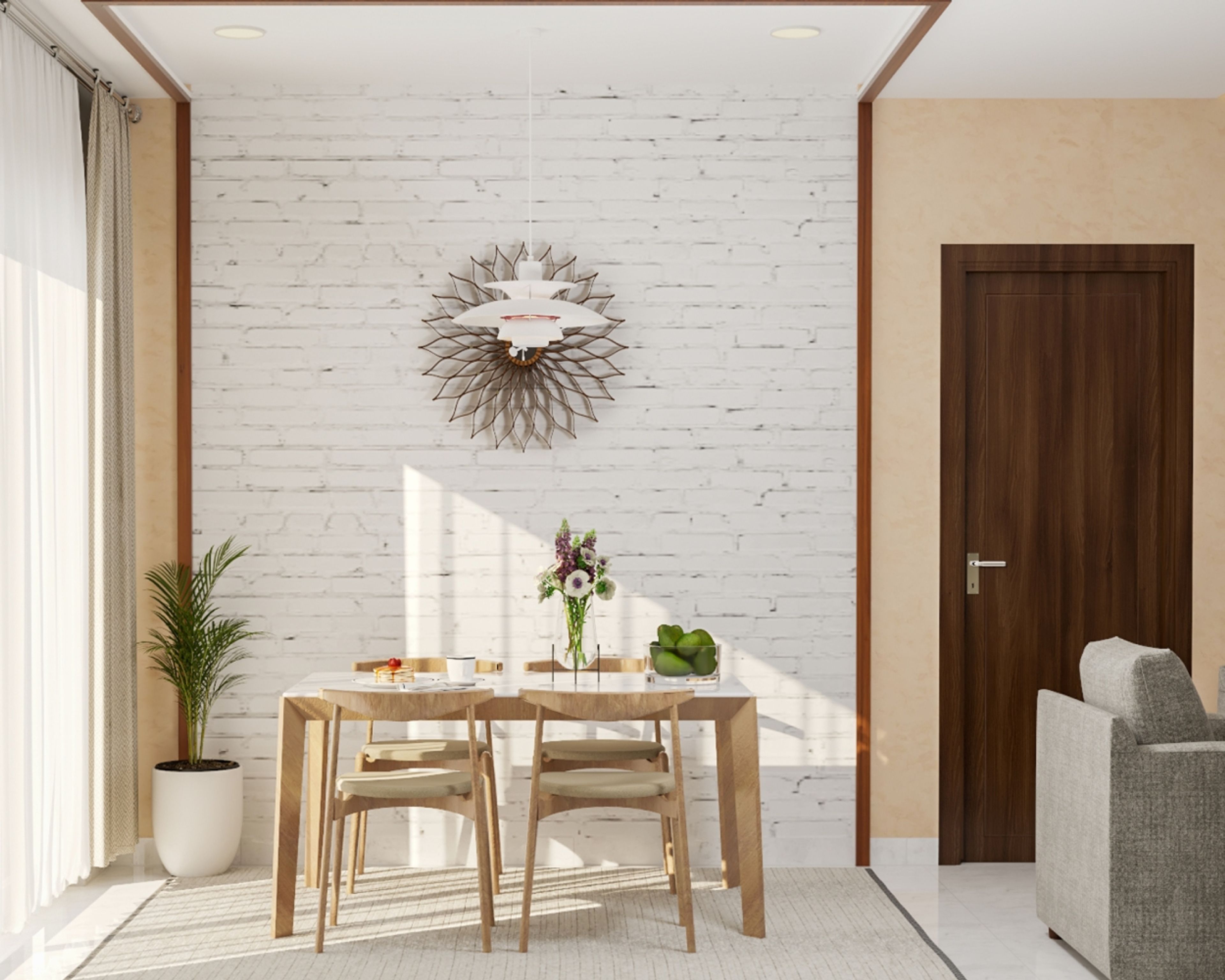 Scandinavian Wood And White Dining Room Design With White Brick Wall