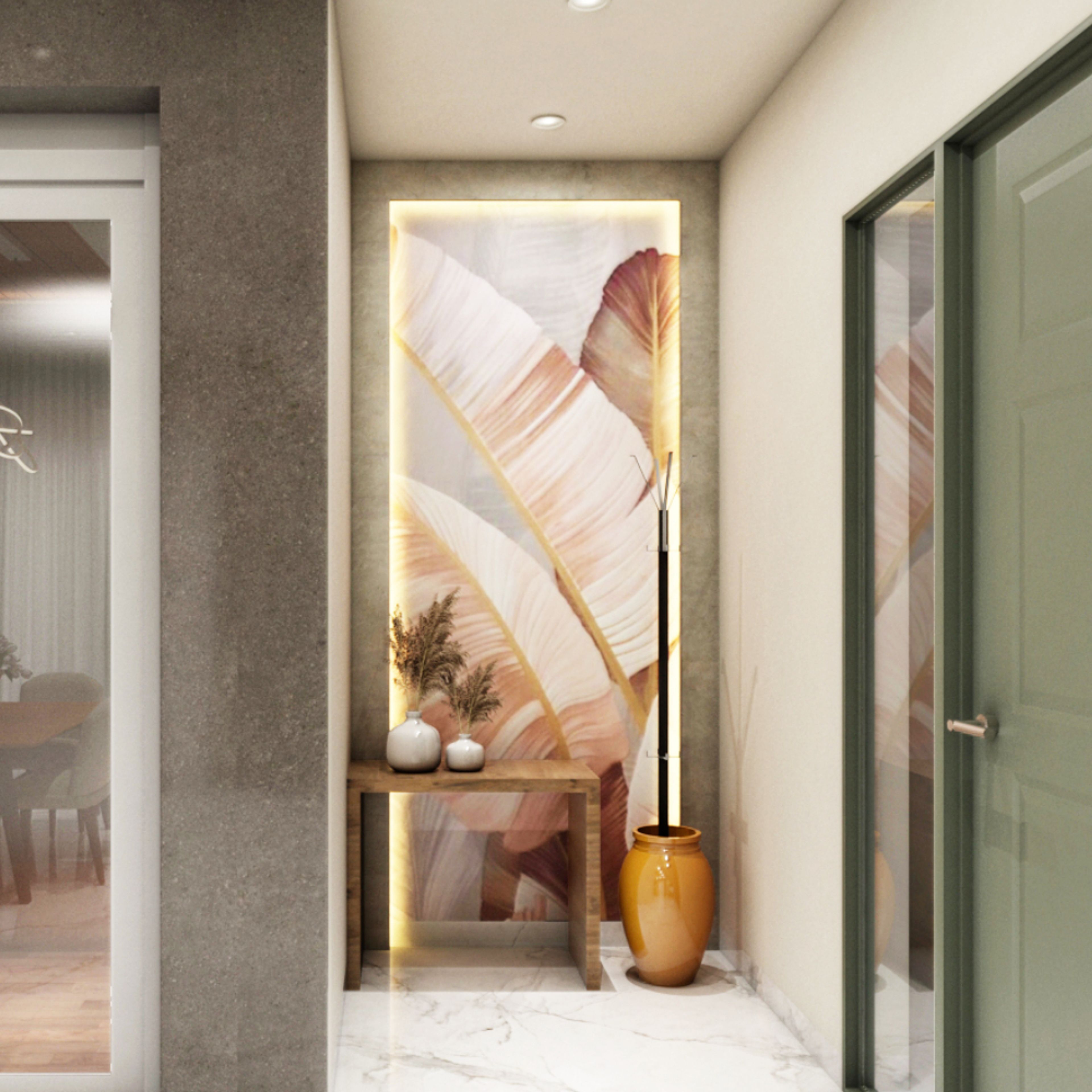 Tropical Foyer Design With Wooden Console Table