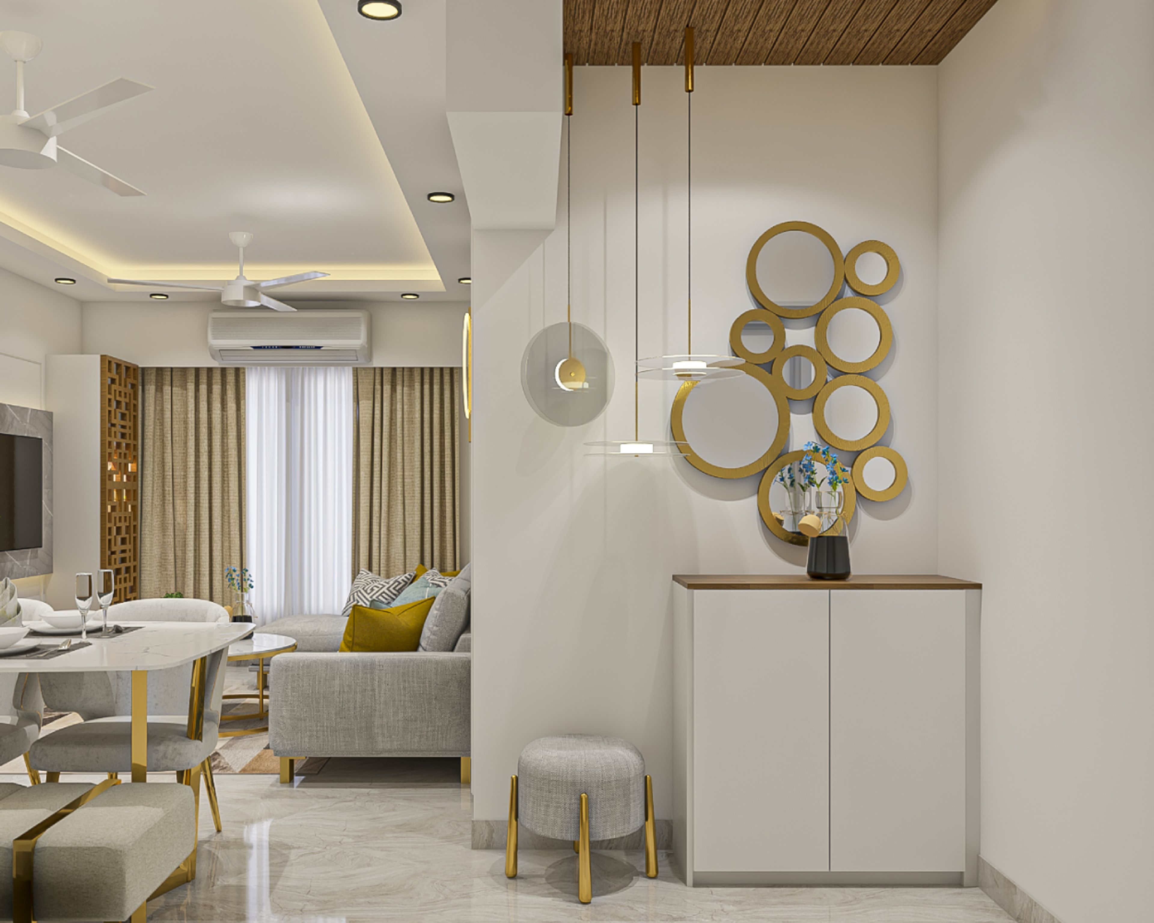 Frosty White Foyer Design With Wooden False Ceiling - Livspace