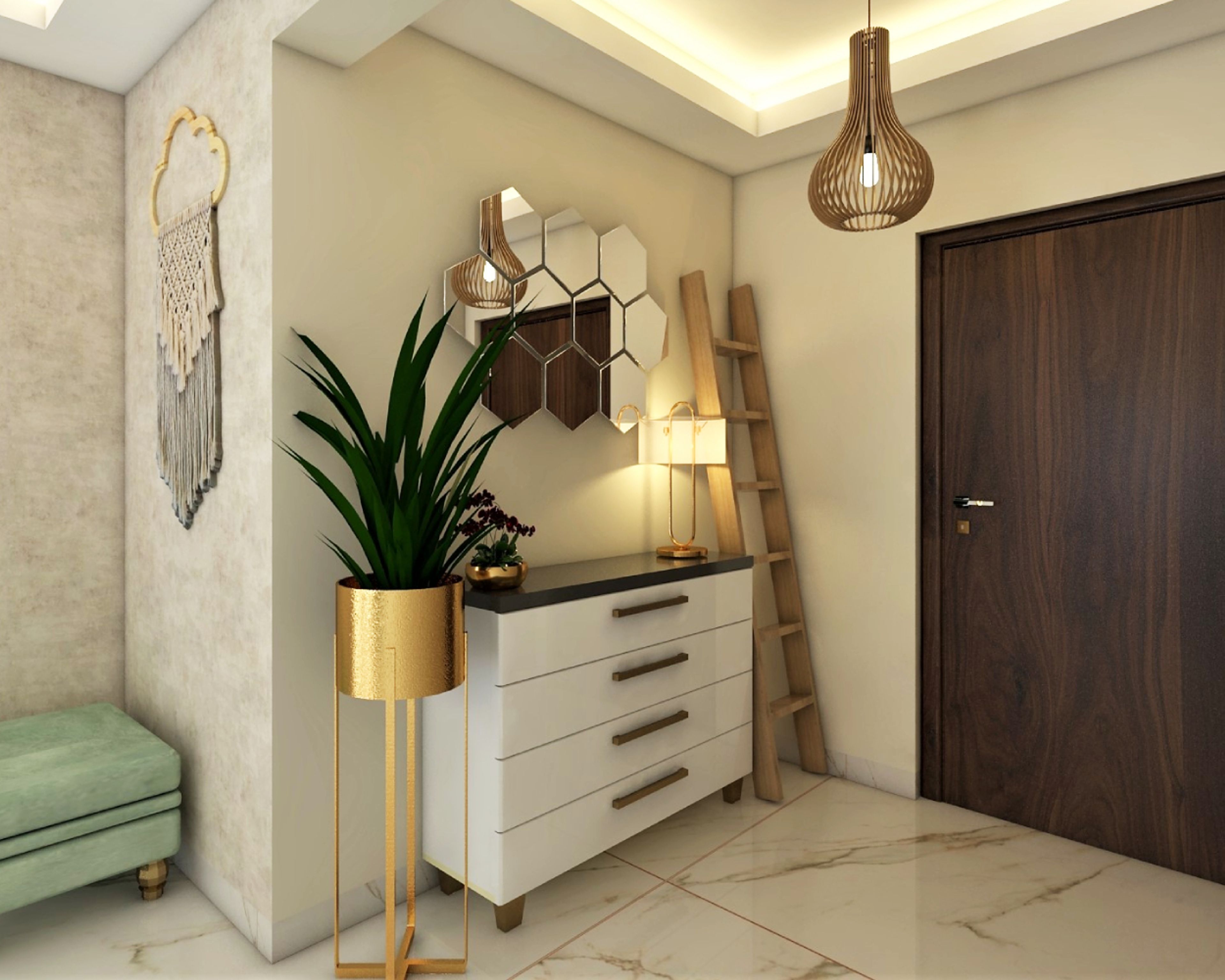 Modern Frosty White Foyer With Hexagon Wall Mirror