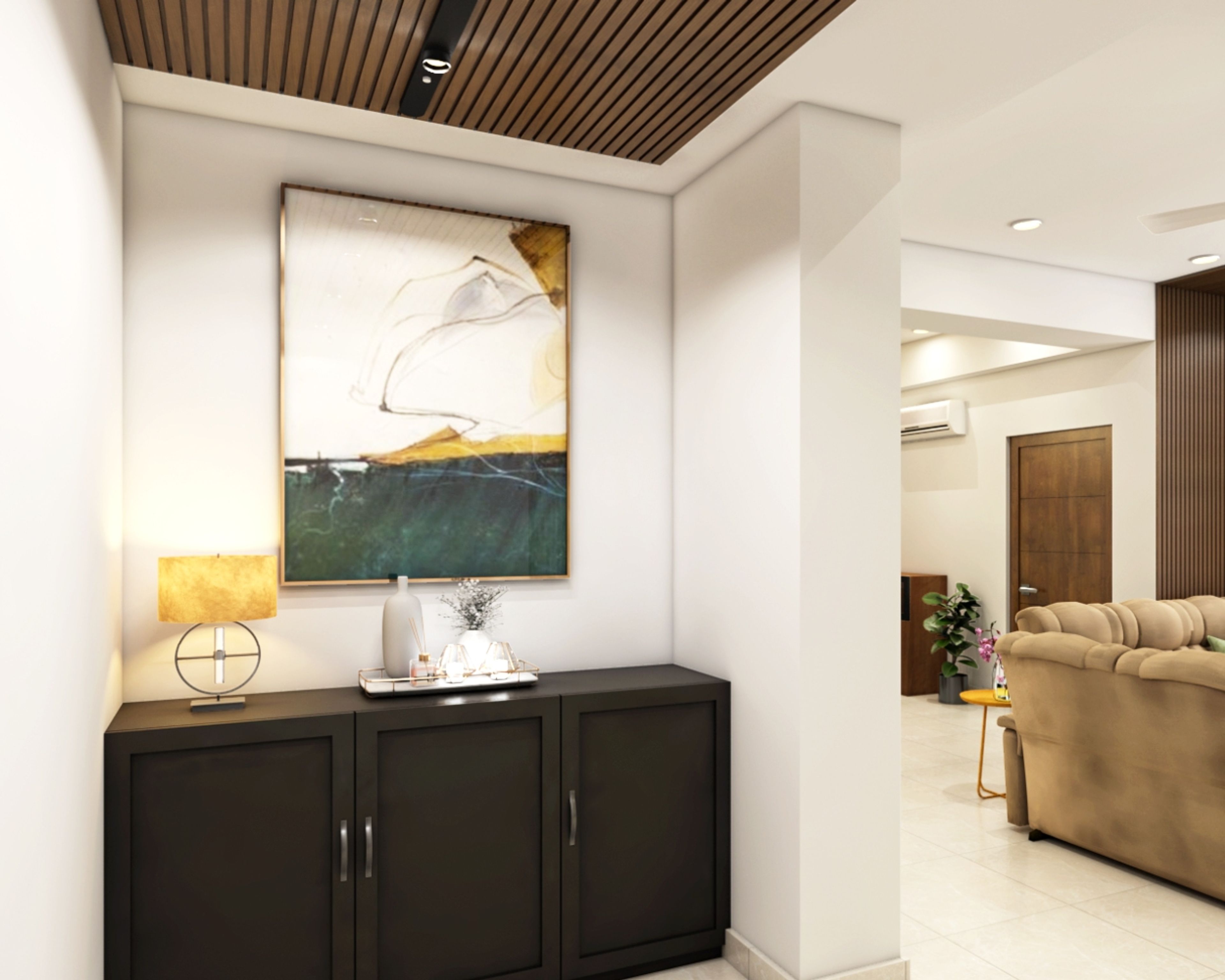 Autumn Leaf Foyer Design With Wooden Textured False Ceiling - Livspace