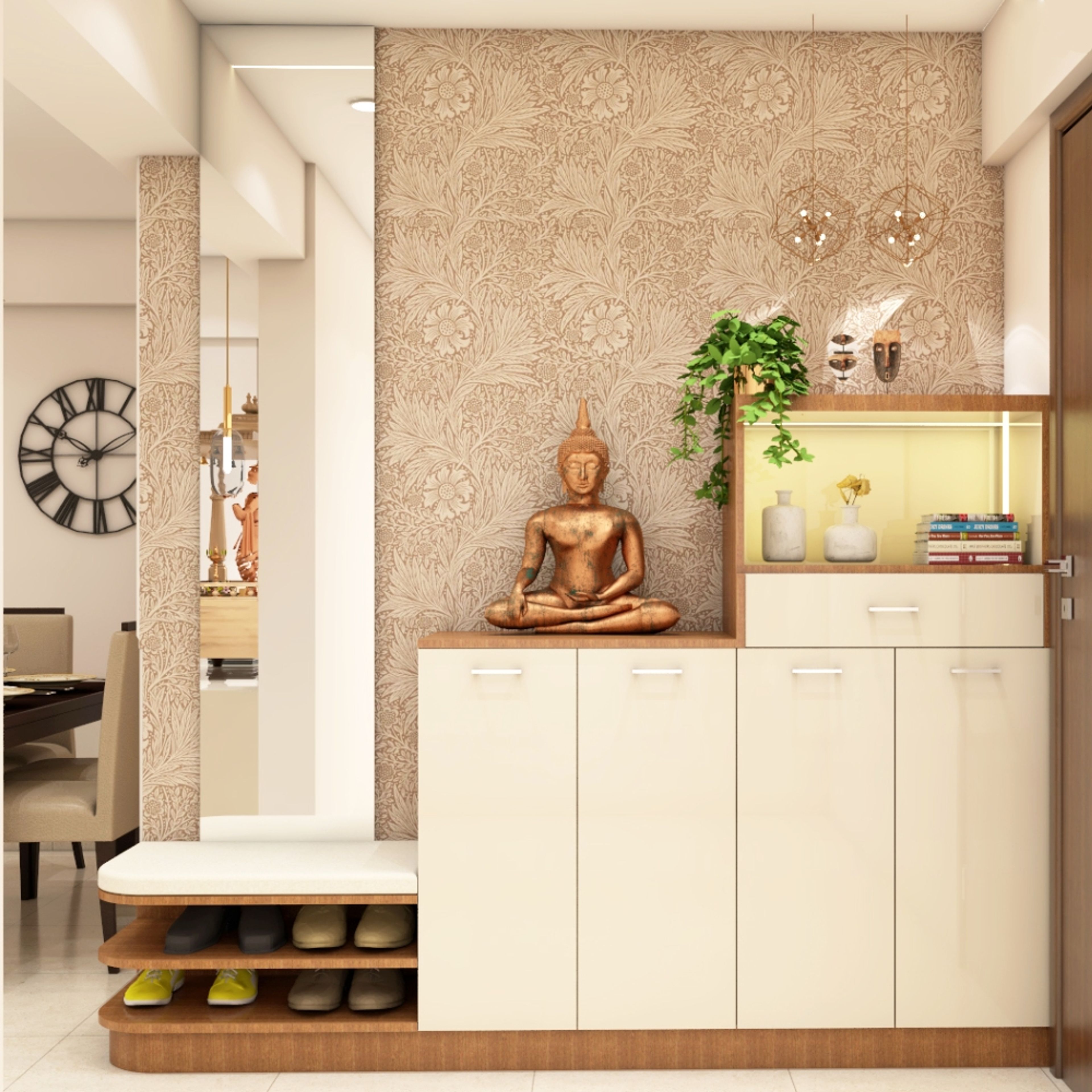 Champagne Toned And Walnut Foyer Design With Brown Floral Wallpaper - Livspace