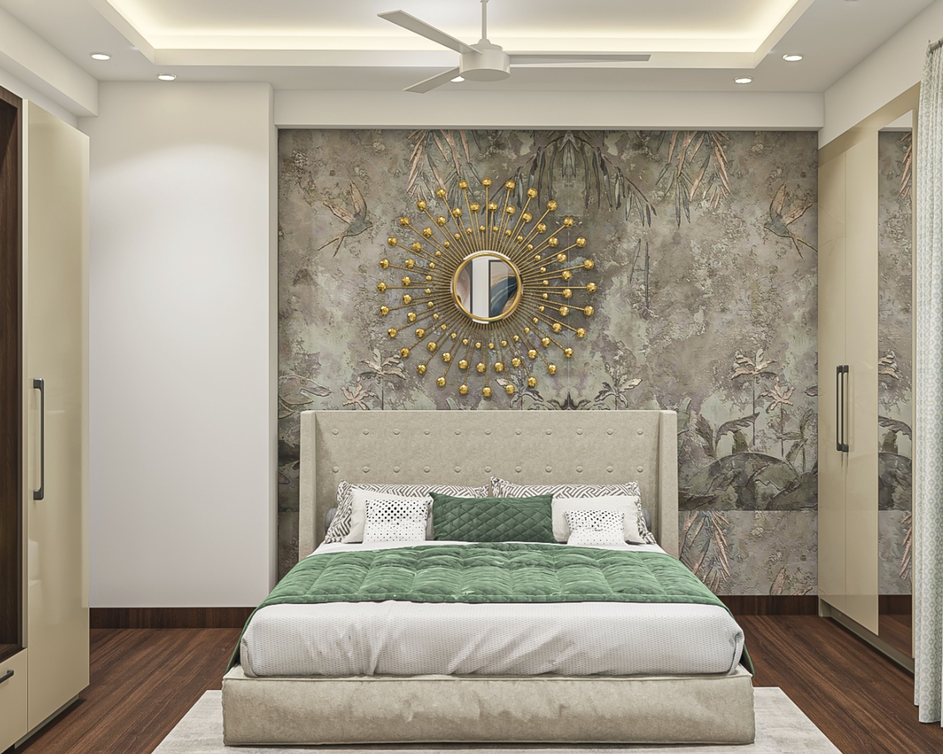 Contemporary Guest Room Design With Grey-Themed Tropical Wallpaper