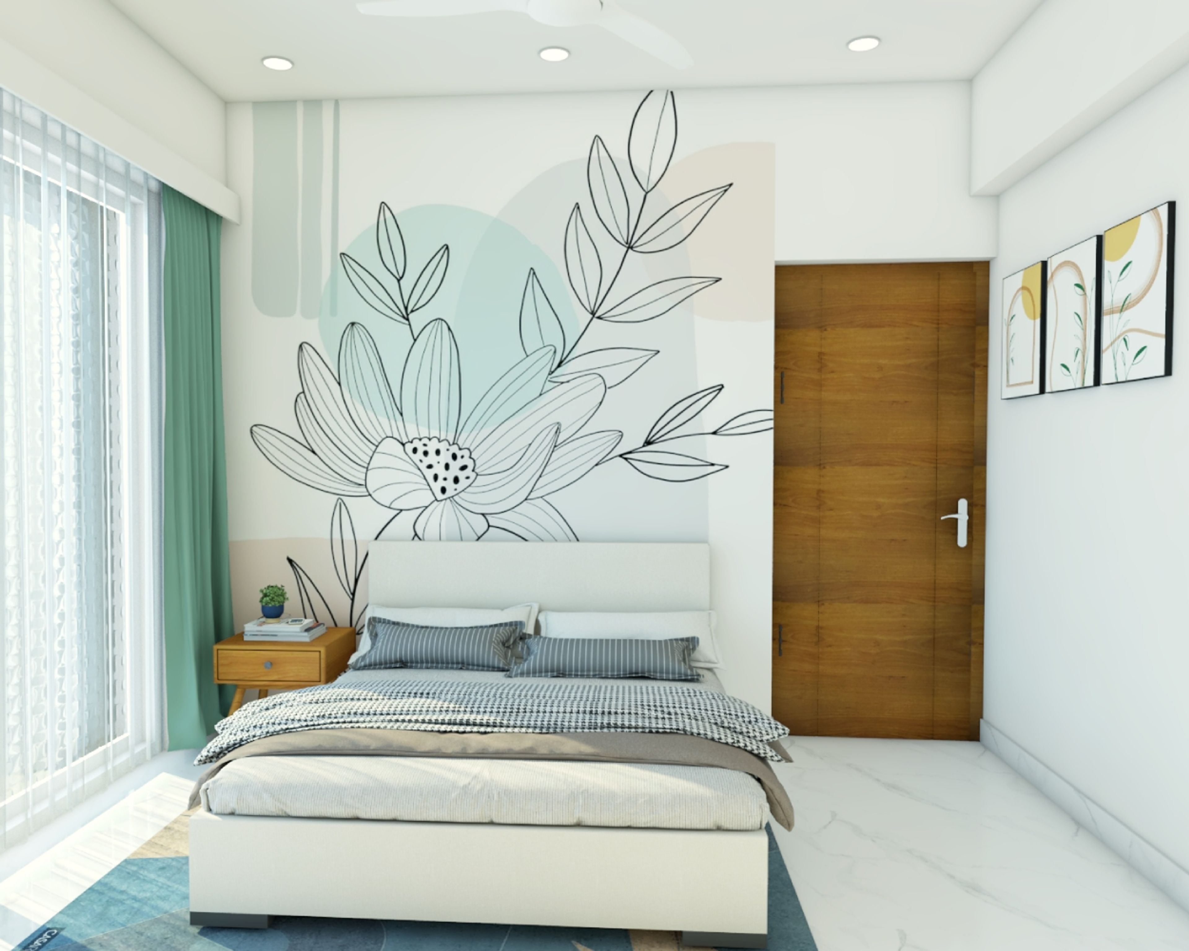 Modern Guest Bedroom Design With Floral Wallpaper