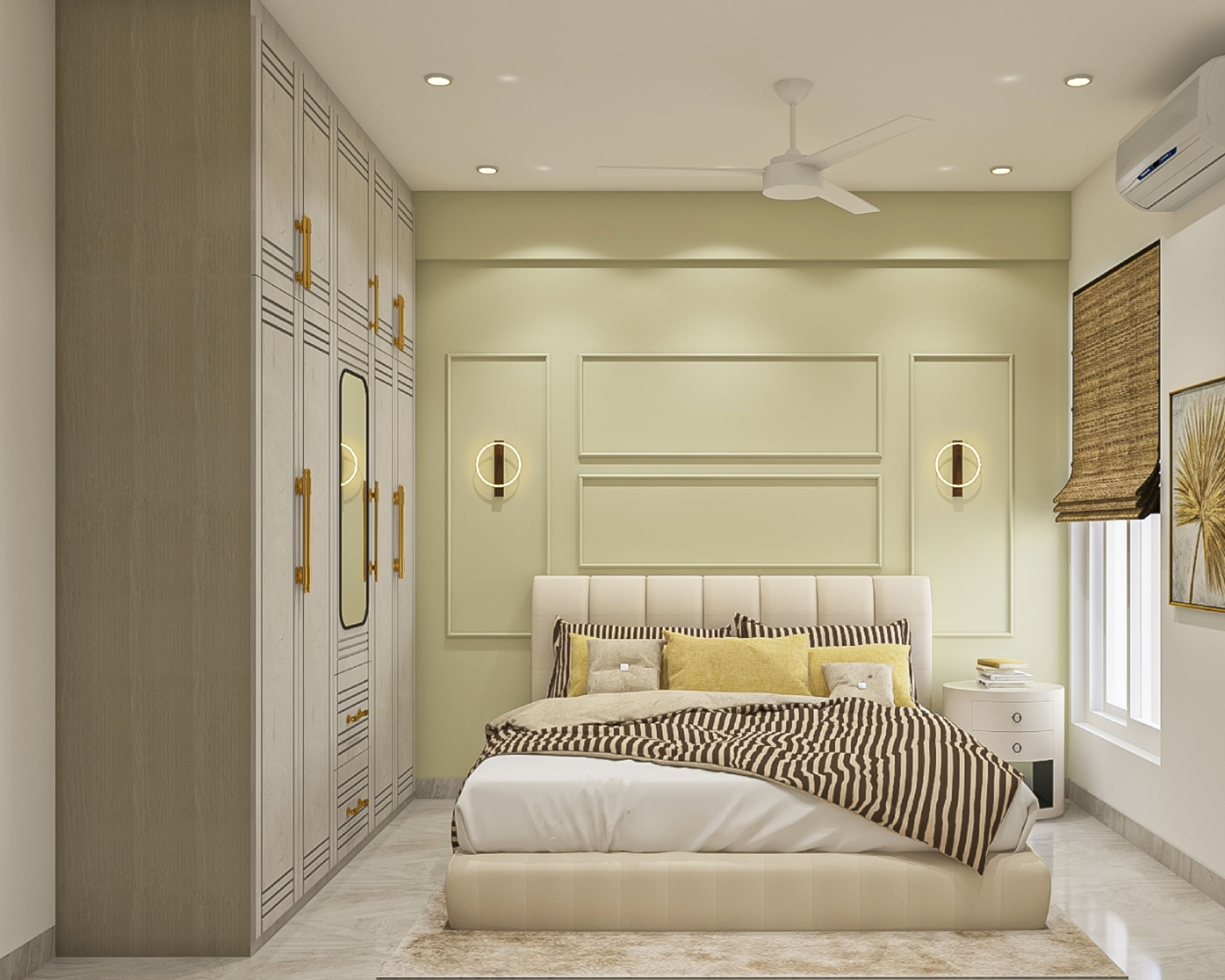 Modern Guest Room Design With Yellow Accent Wall And Trims