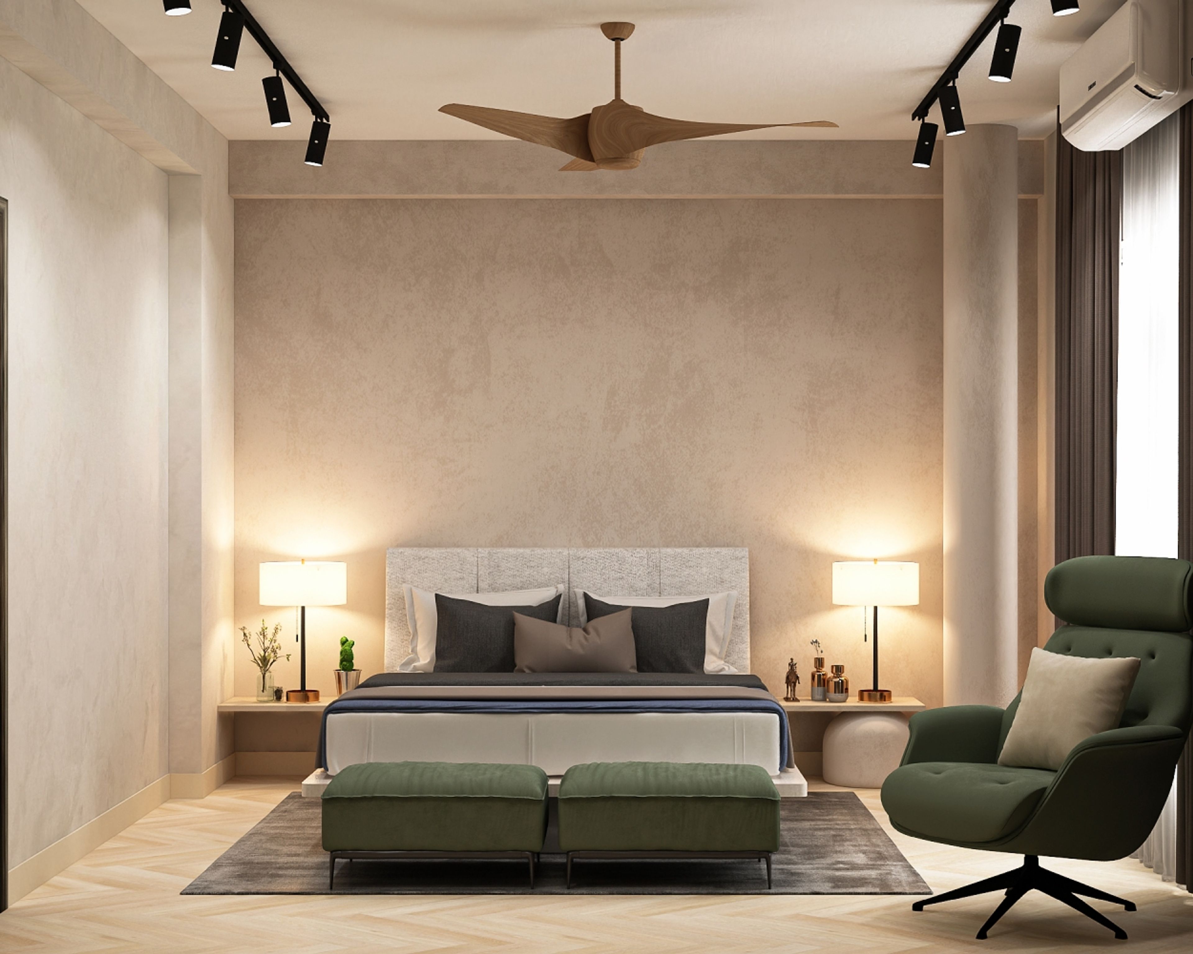 Contemporary Guest Bedroom Design With Green Accent Chair