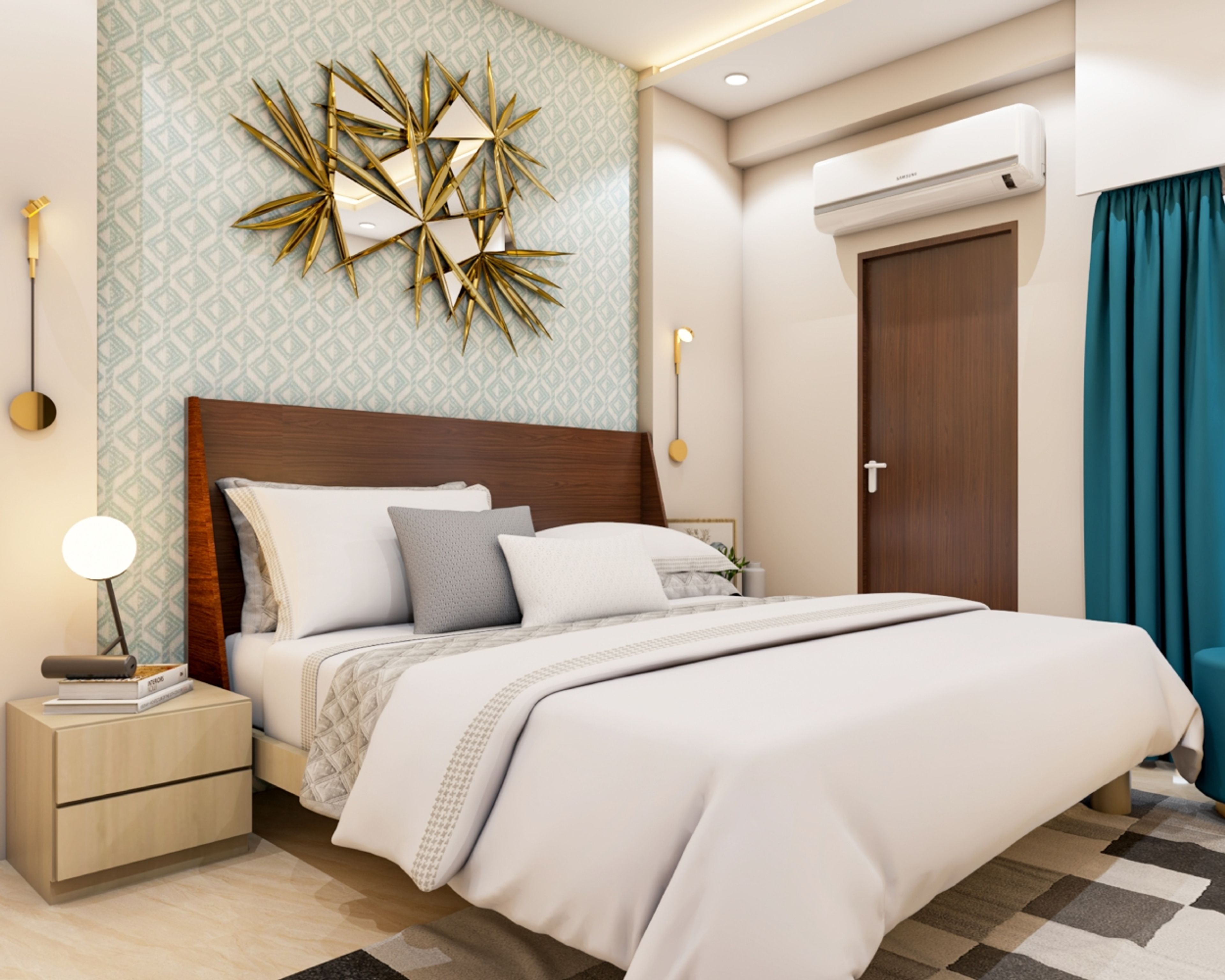 Modern Guest Room Design With Patterned Wallpaper And Wooden Bed