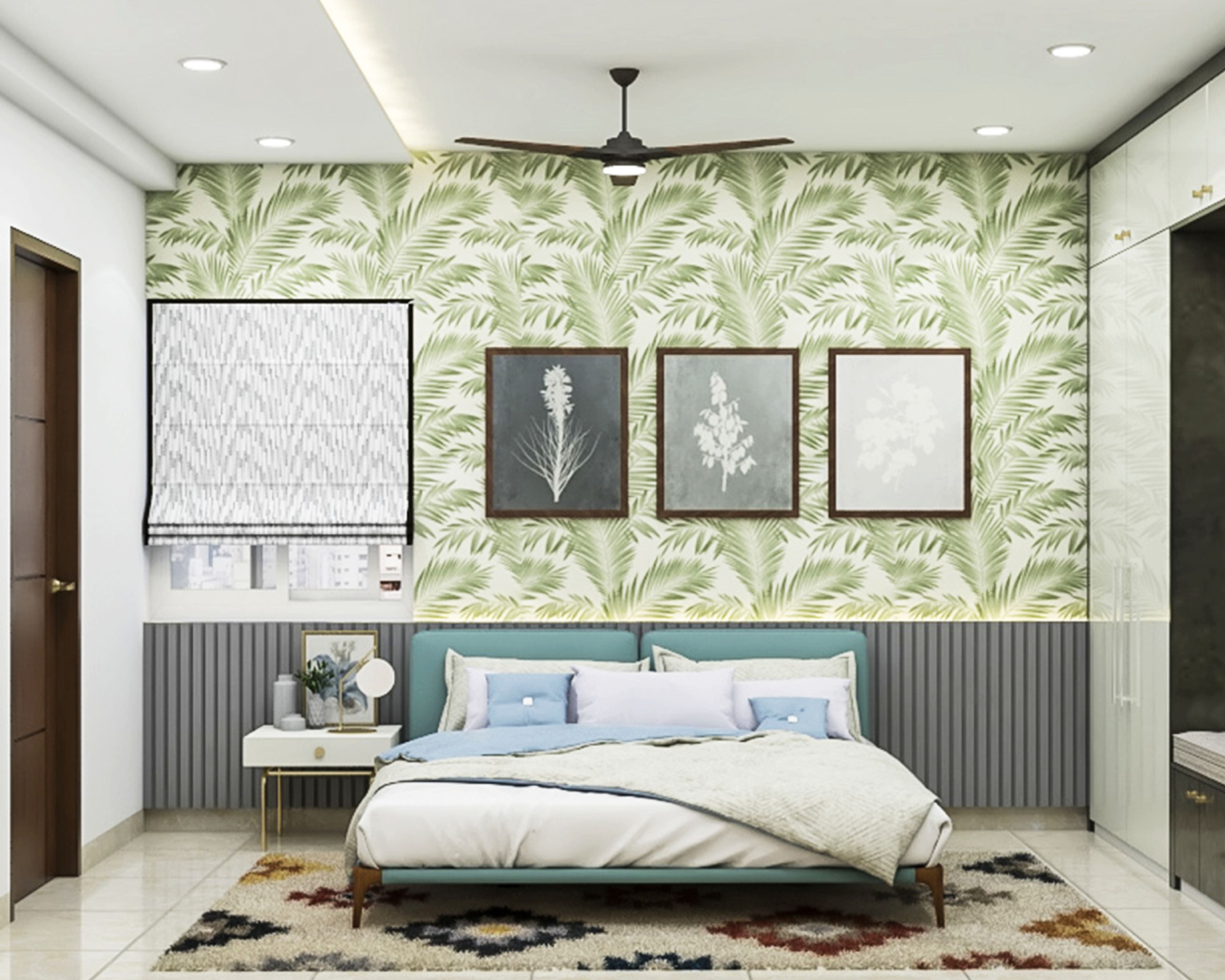 Modern Guest Room Design With Leafy Wallpaper And Grey Wall Paneling