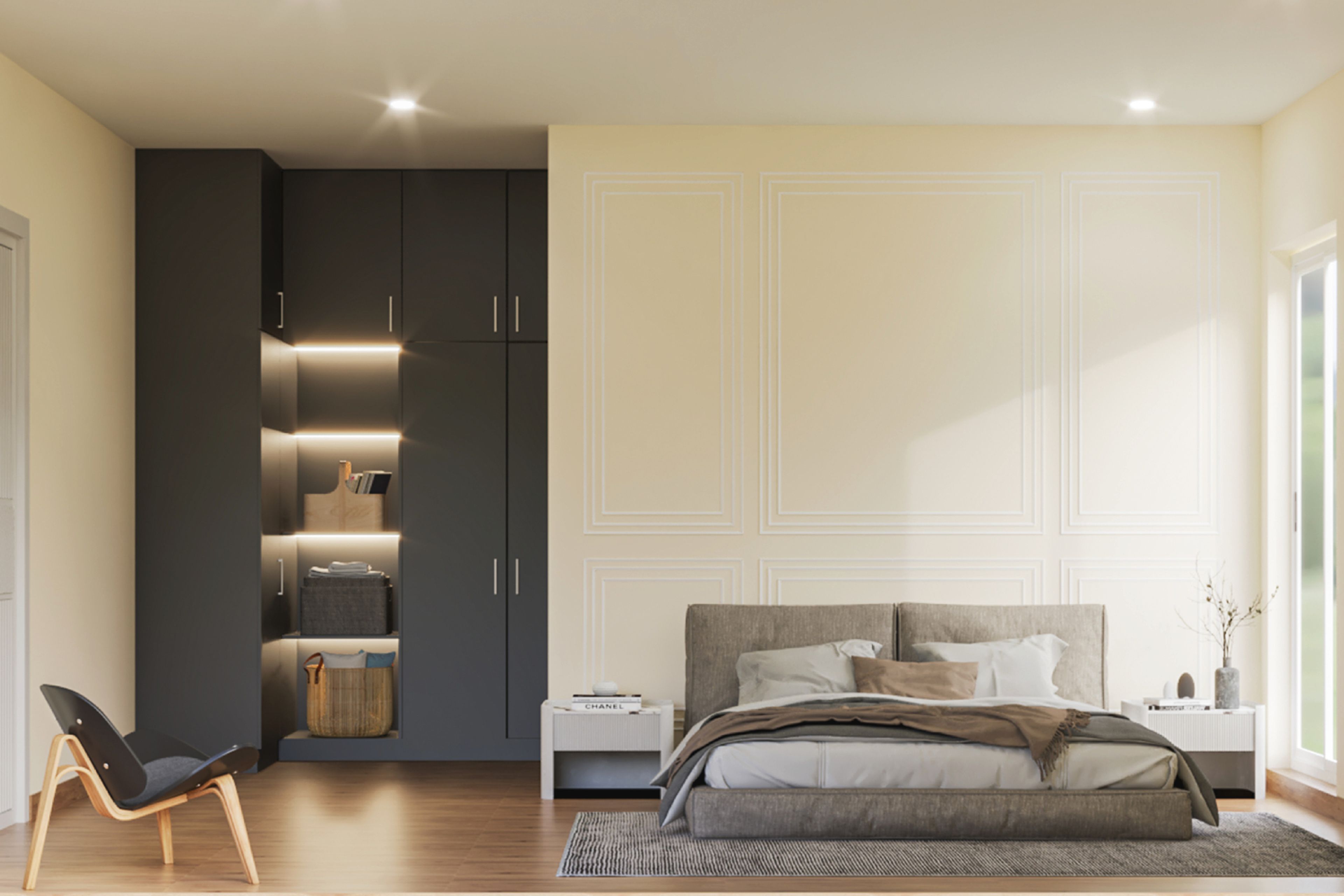 Contemporary Guest Room Design With Dark Grey L Shaped Wardrobe