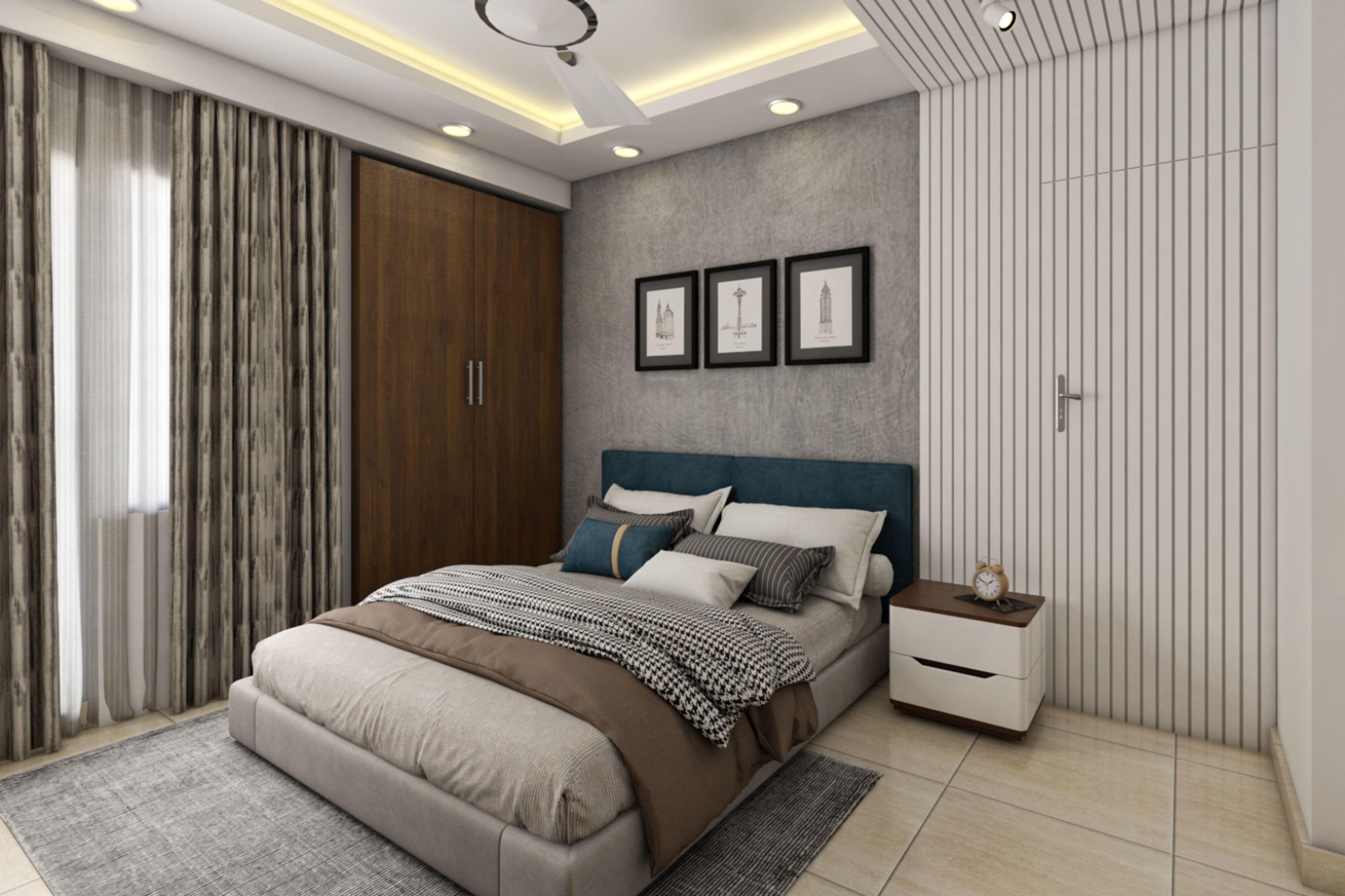 Modern Guest Room Design With Grey Wall And White Fluted Panelling