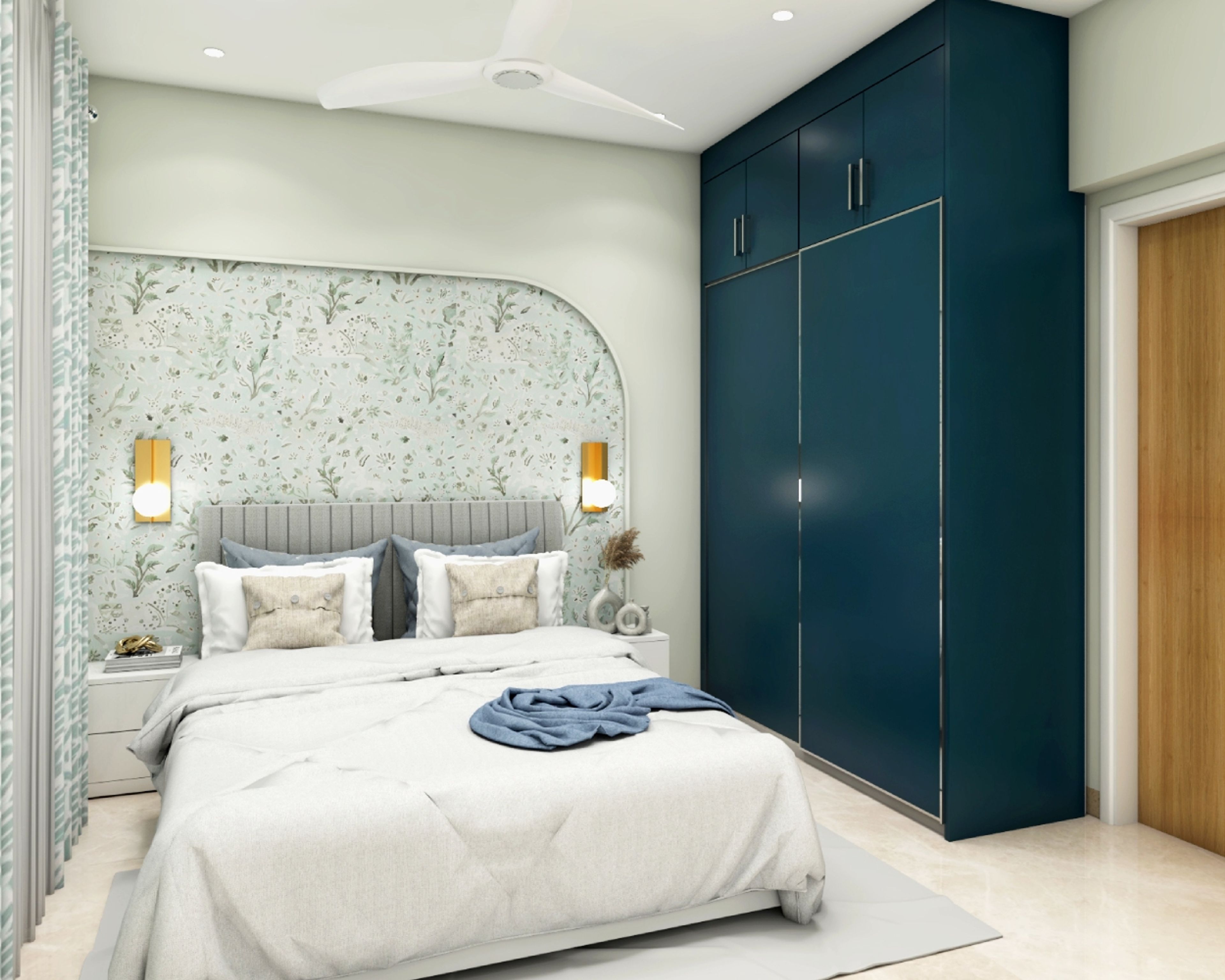 Modern Guest Room Design With 2-Door Teal Blue Sliding Wardrobe