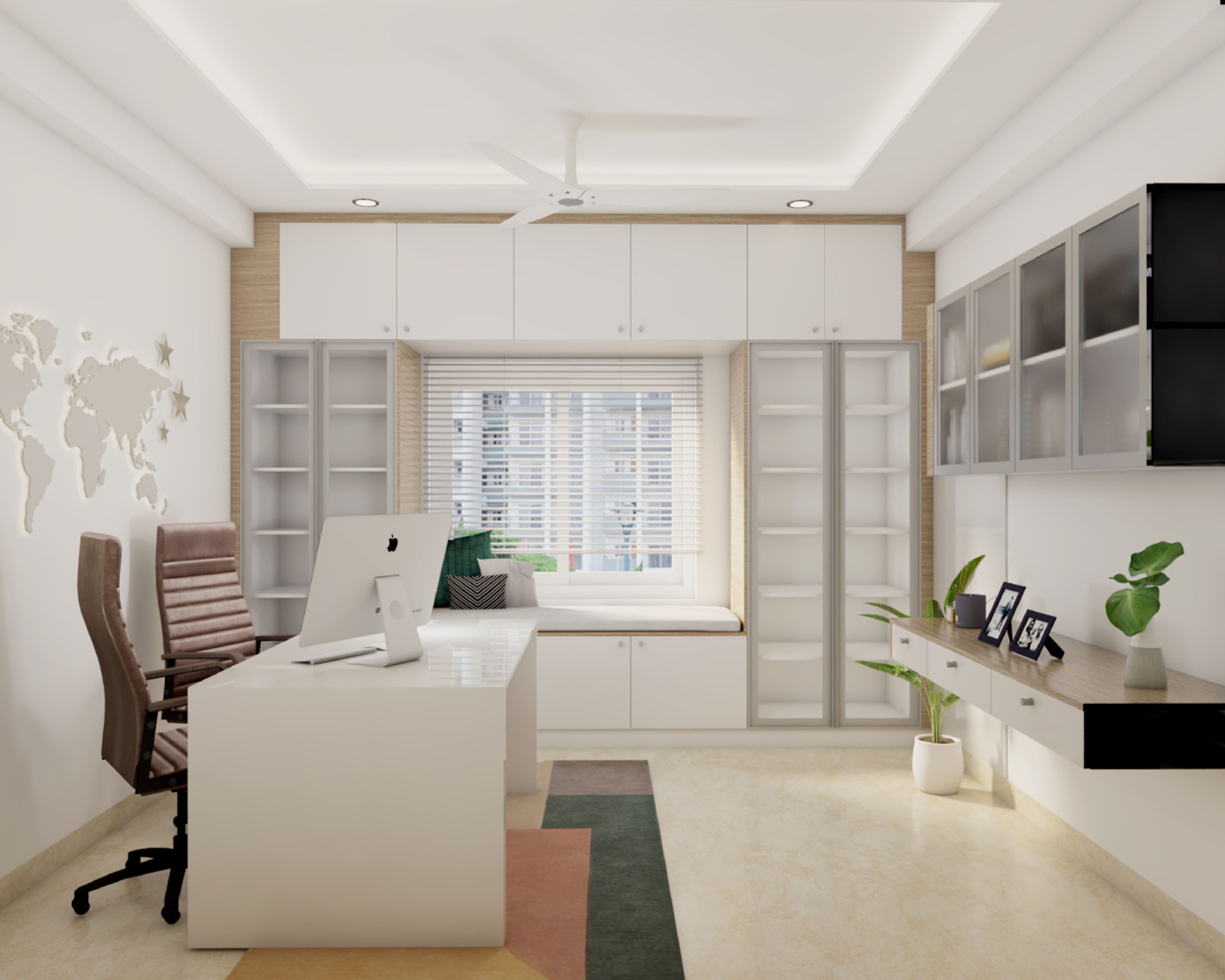 Scandinavian Home Office Design With Brown Leather Swivel Chair