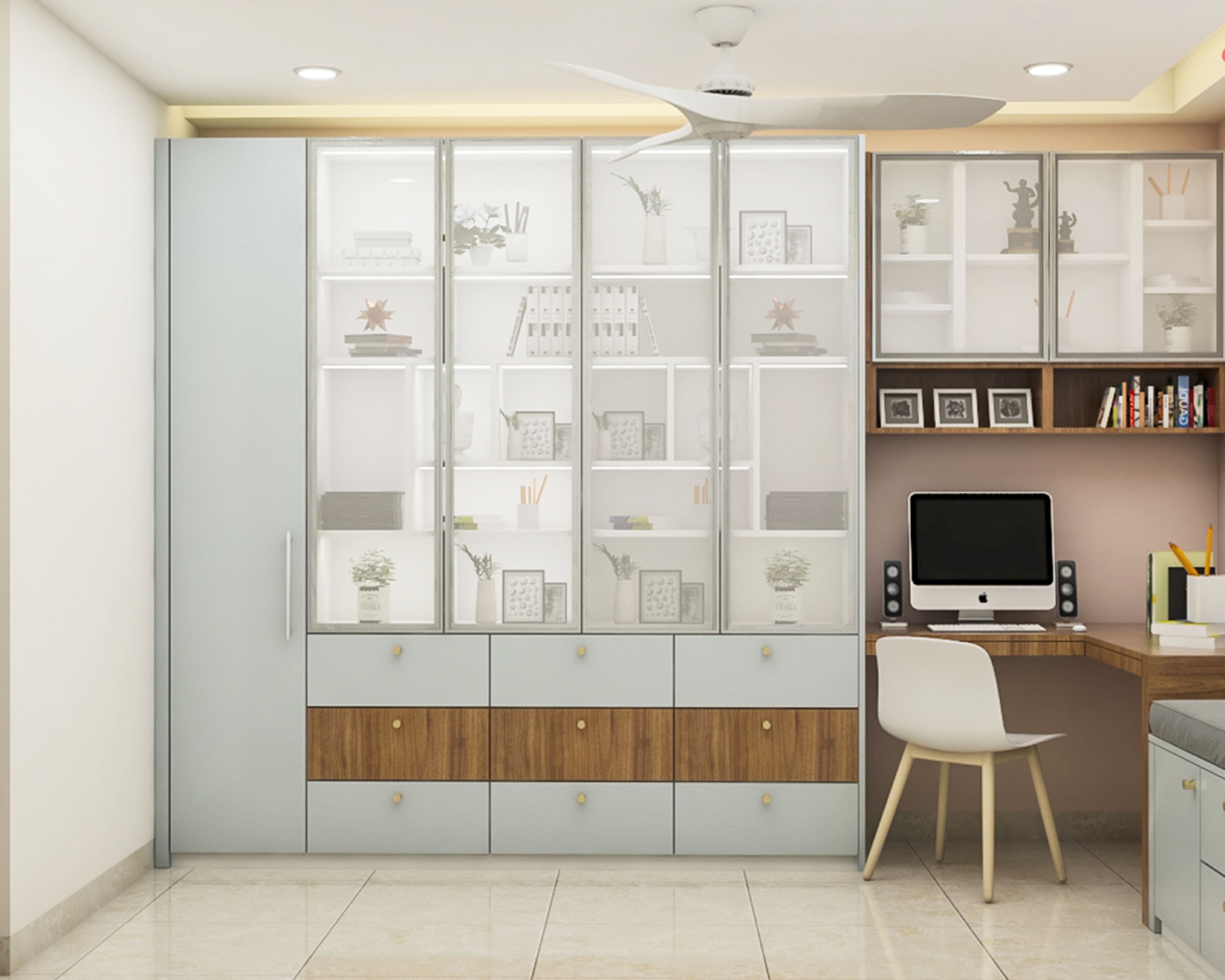 Modern Grey And Wood Home Office Design With White Armless Chair