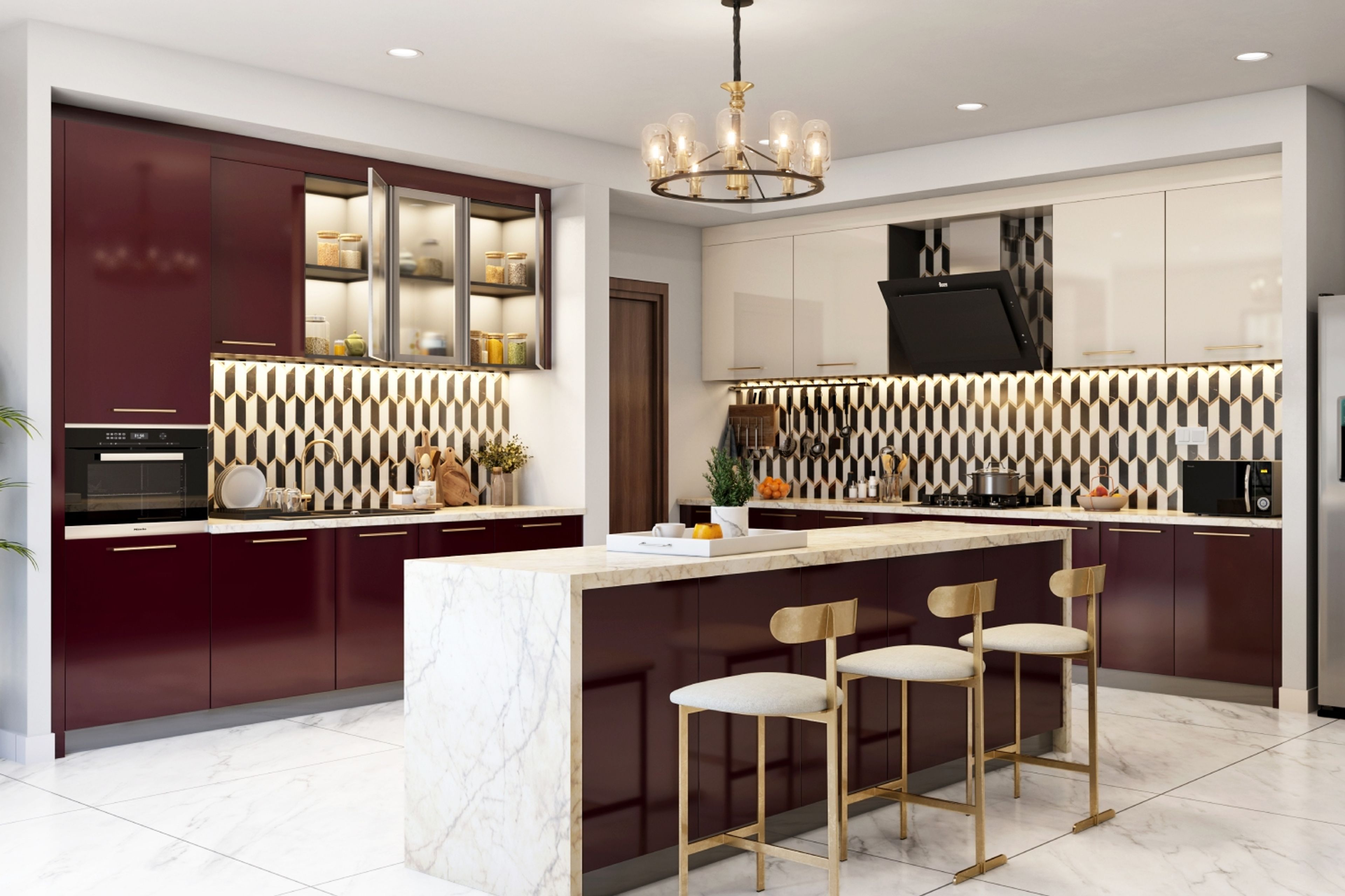 Art Deco Cherry Red And White Kitchen Island Design