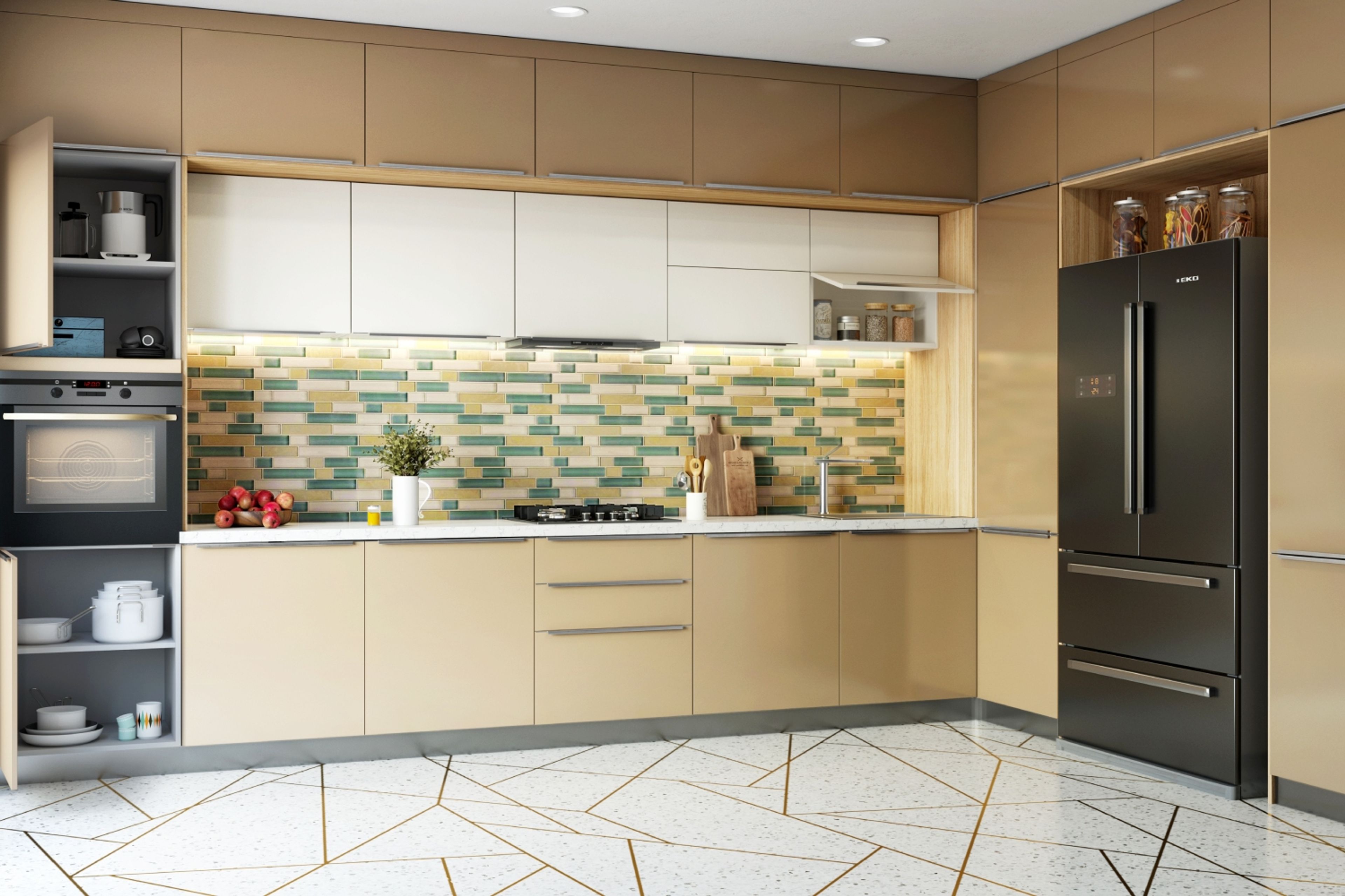 Modern Irish Cream And Frosty White L Shaped Kitchen Design