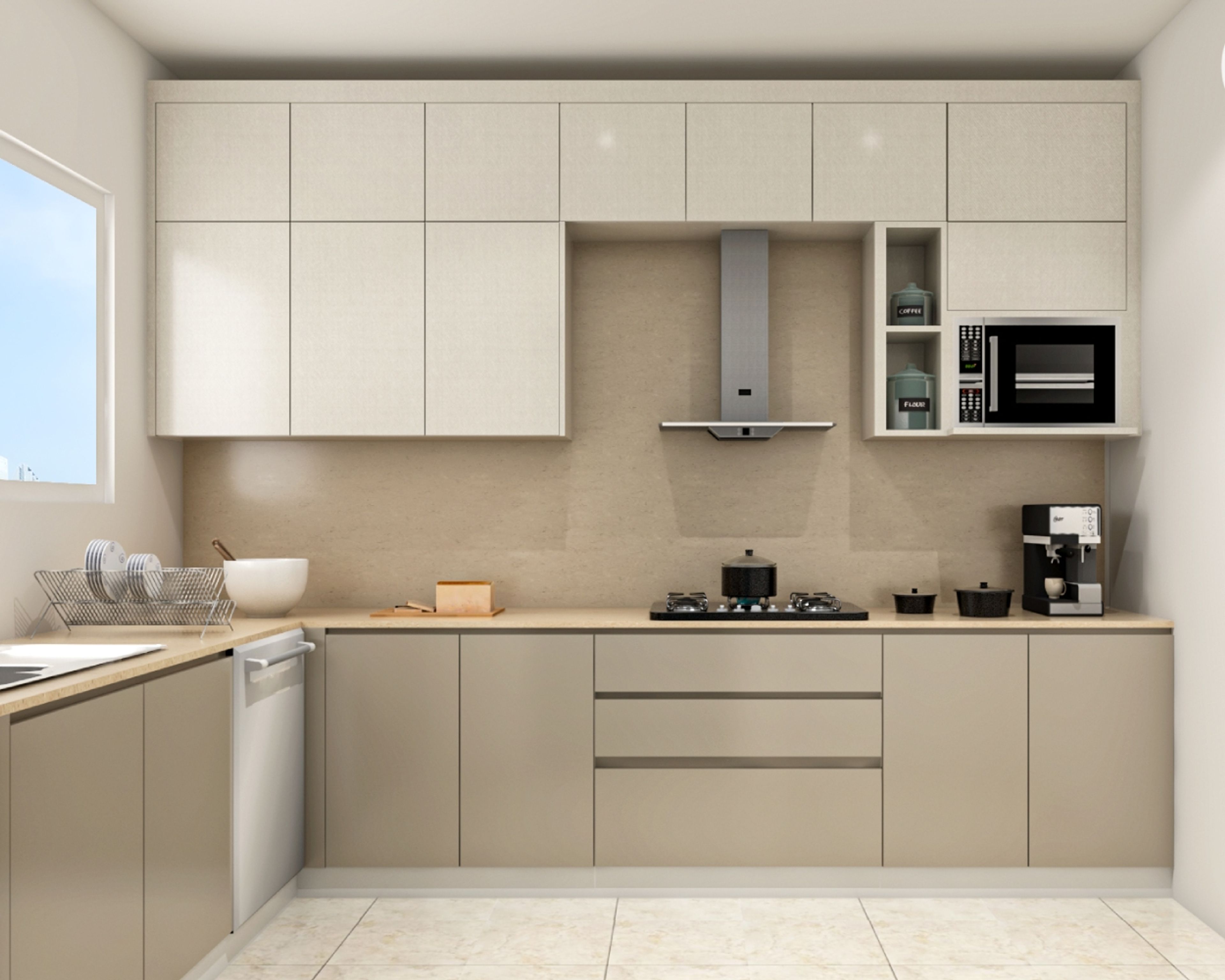 Minimal Irish Cream And Champagne-Toned L Shaped Kitchen Design